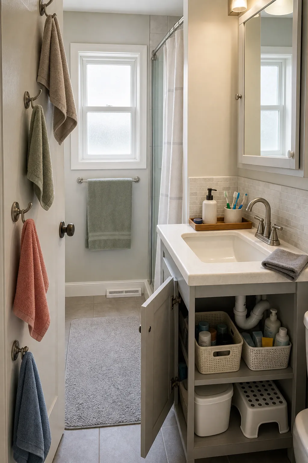 Tiny bathroom organized for a calm shared morning routine