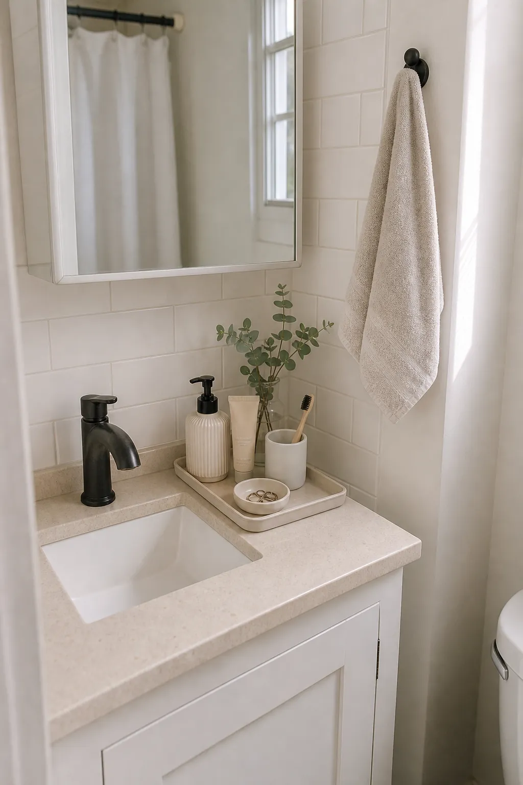 Organized tiny bathroom counter with a tray, daily essentials, and clean vanity styling