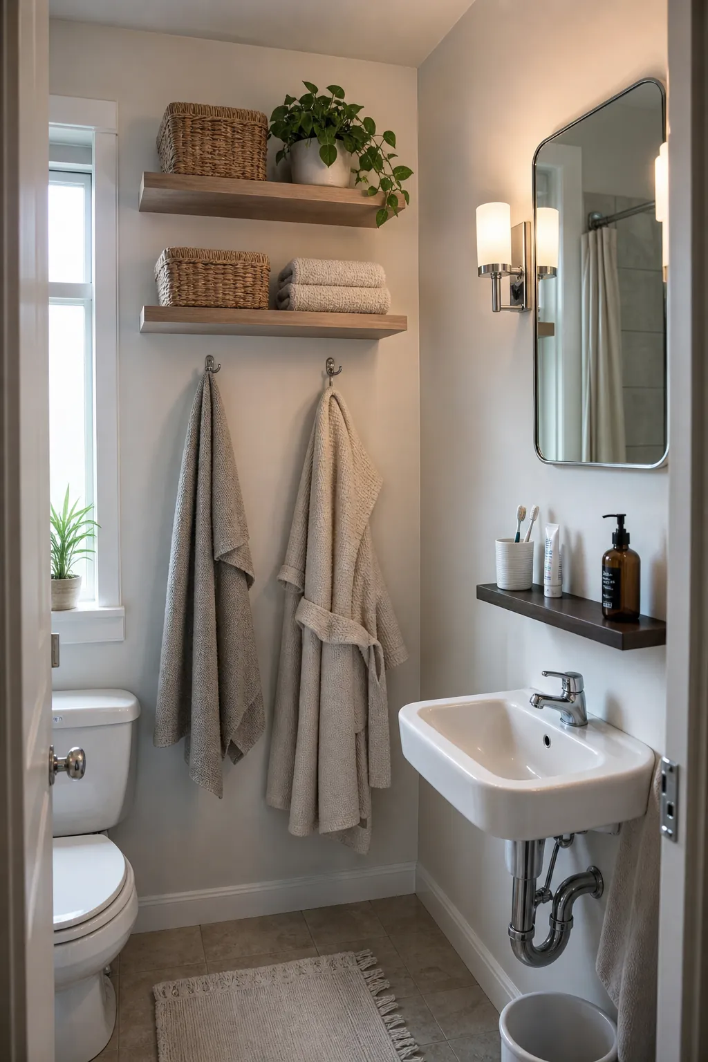 Tiny bathroom wall storage ideas with shelves hooks and everyday items organized