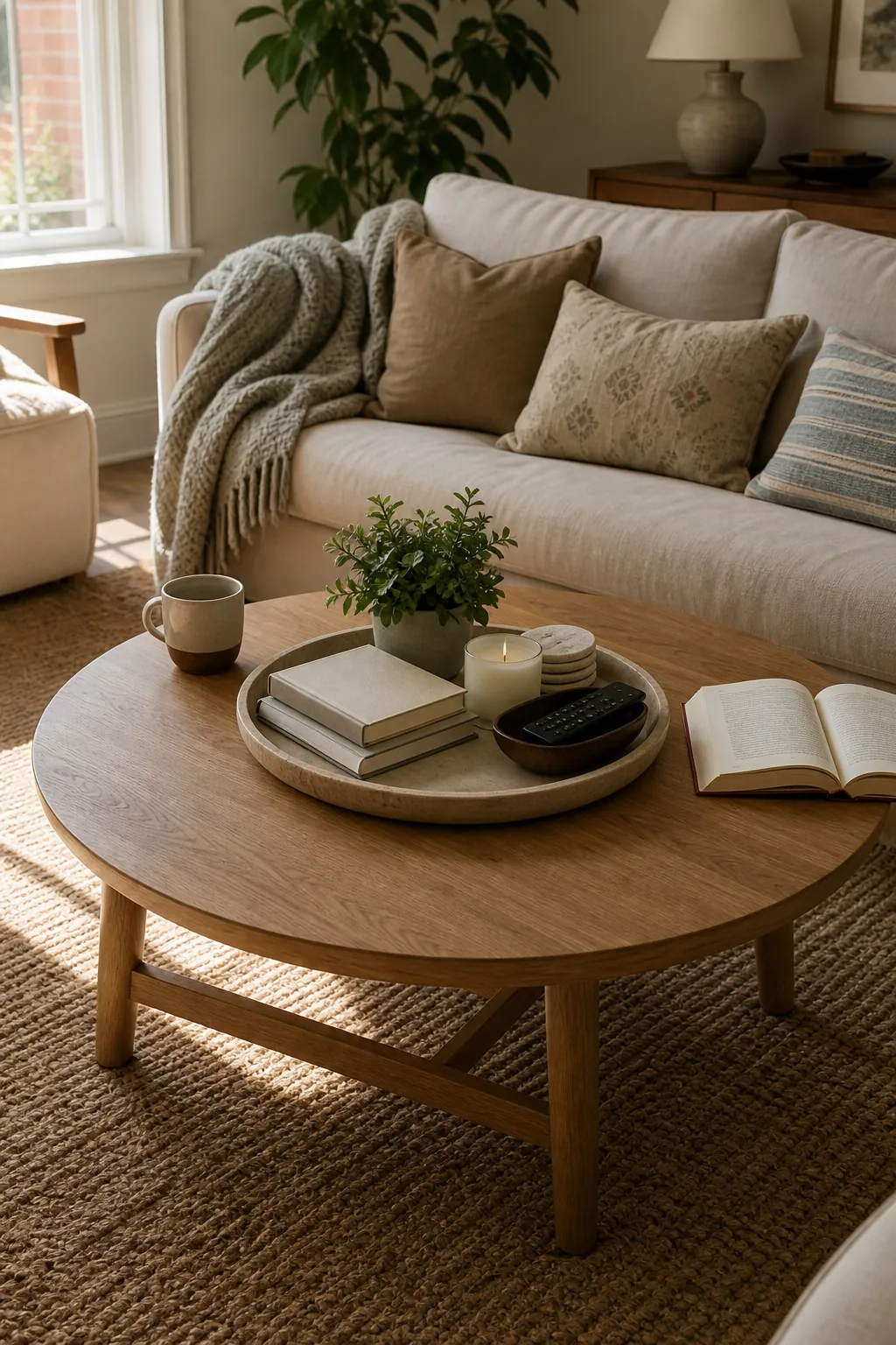 Cozy living room with a round coffee table styled using everyday books, coasters, candles and greenery