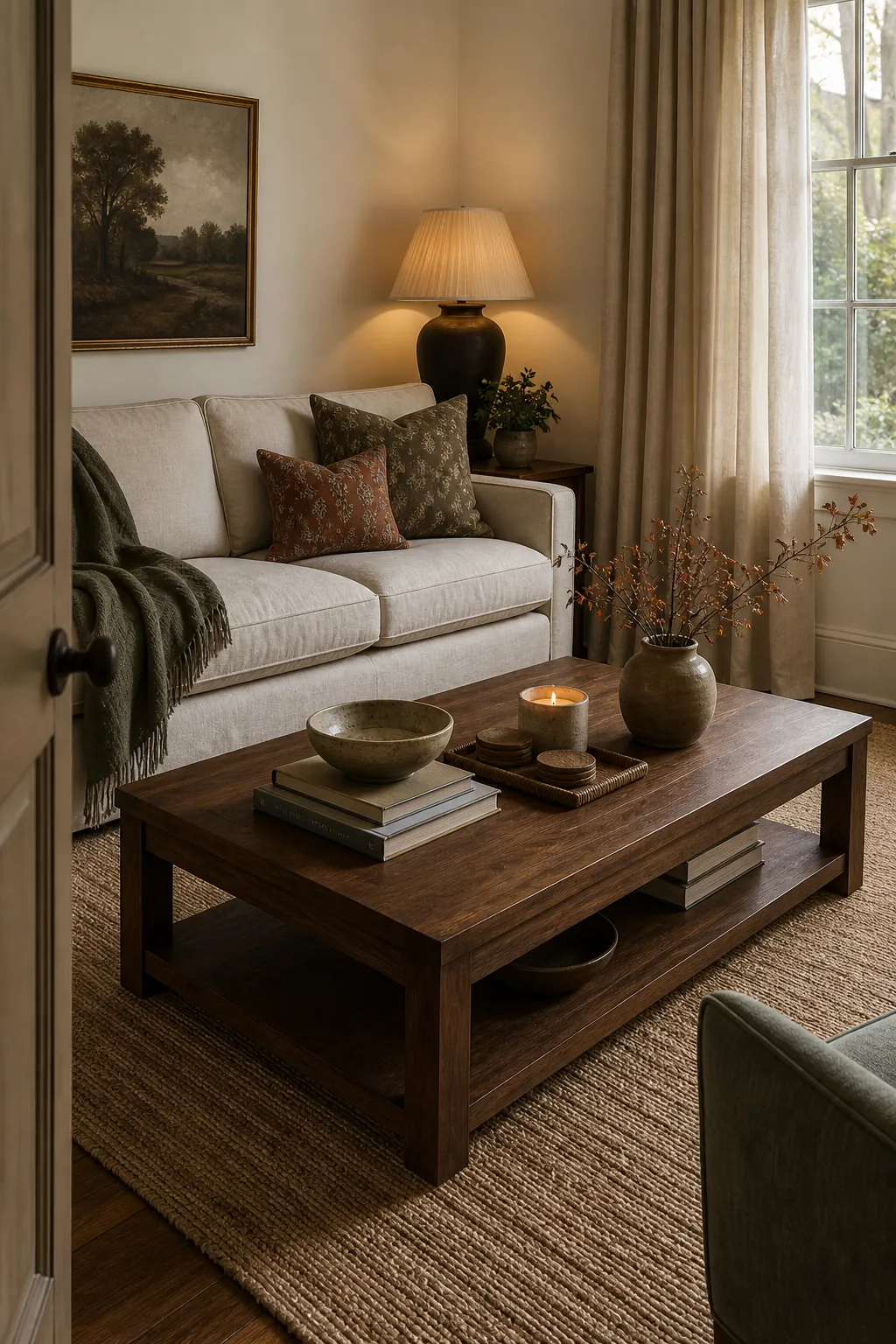 Finished living room with a styled coffee table, layered sofa, rug, curtains, and warm decor