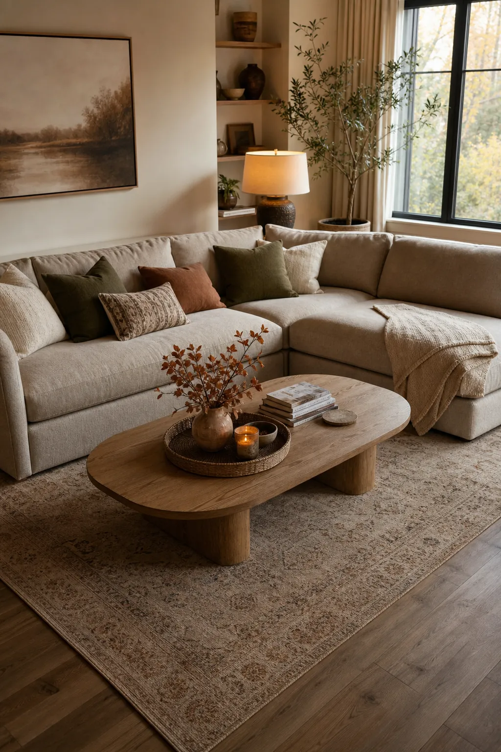 Photorealistic cozy living room with a big sofa and balanced coffee table styling