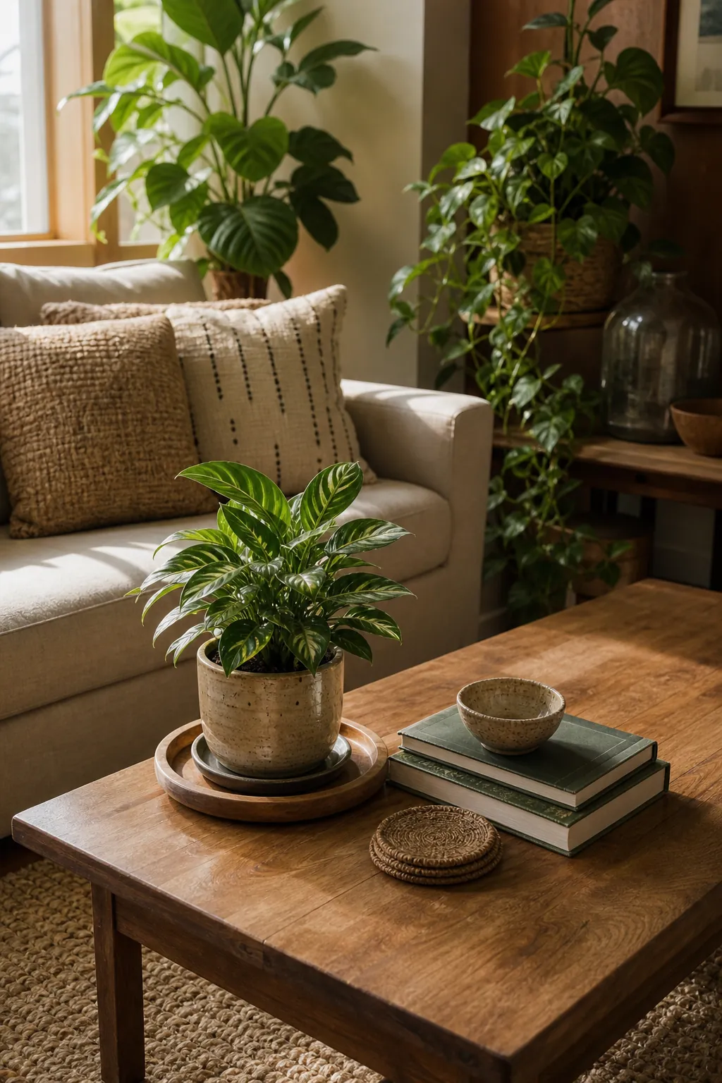 Cozy living room coffee table decor for plant lovers with greenery, books, and warm natural light
