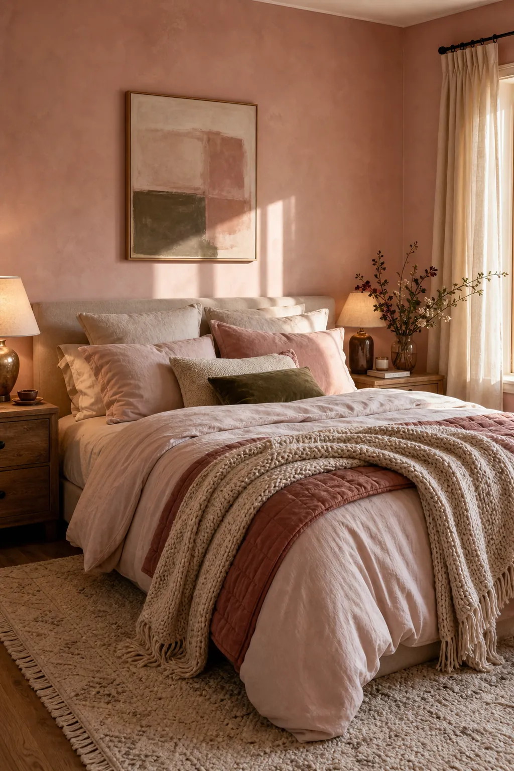 Cozy pink bedroom with blush walls, layered bedding, soft textures, and warm evening light