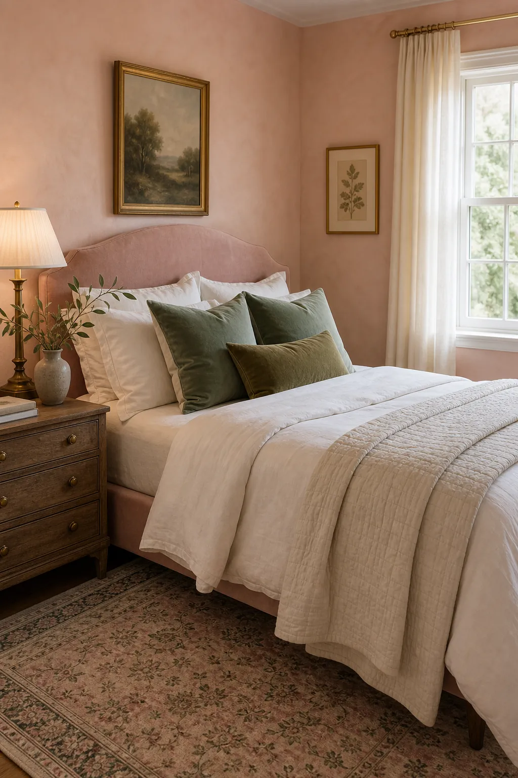 Elegant pink bedroom with green, white, and gold accents