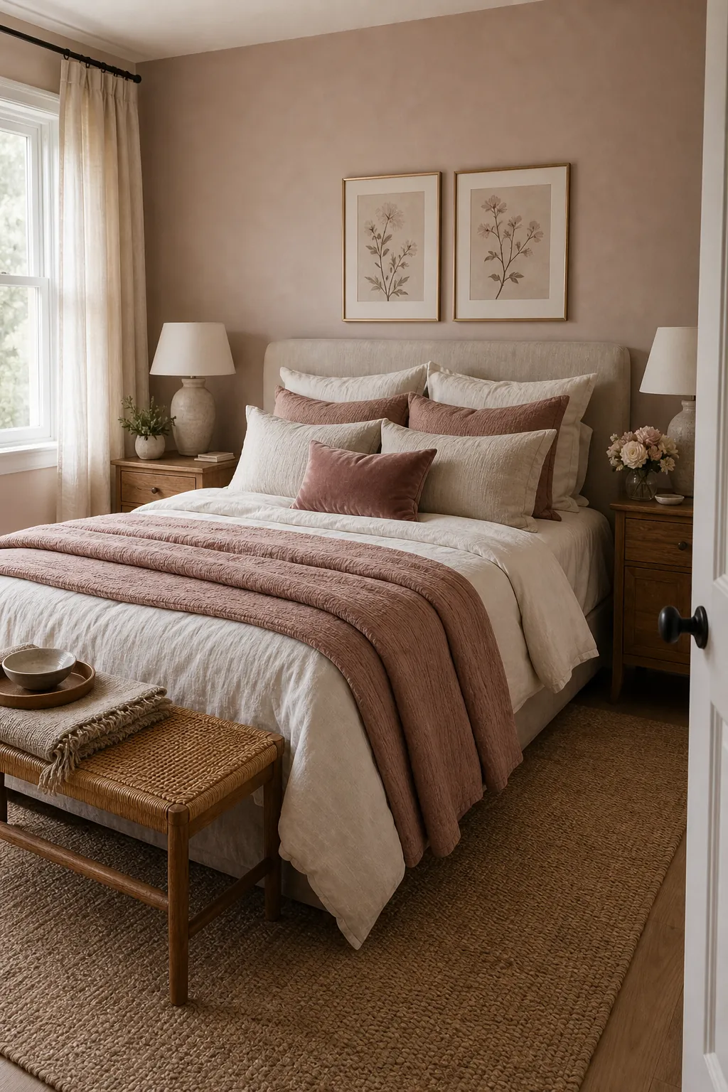 Calm dusty rose bedroom with ivory bedding, neutral accents, and soft feminine decor