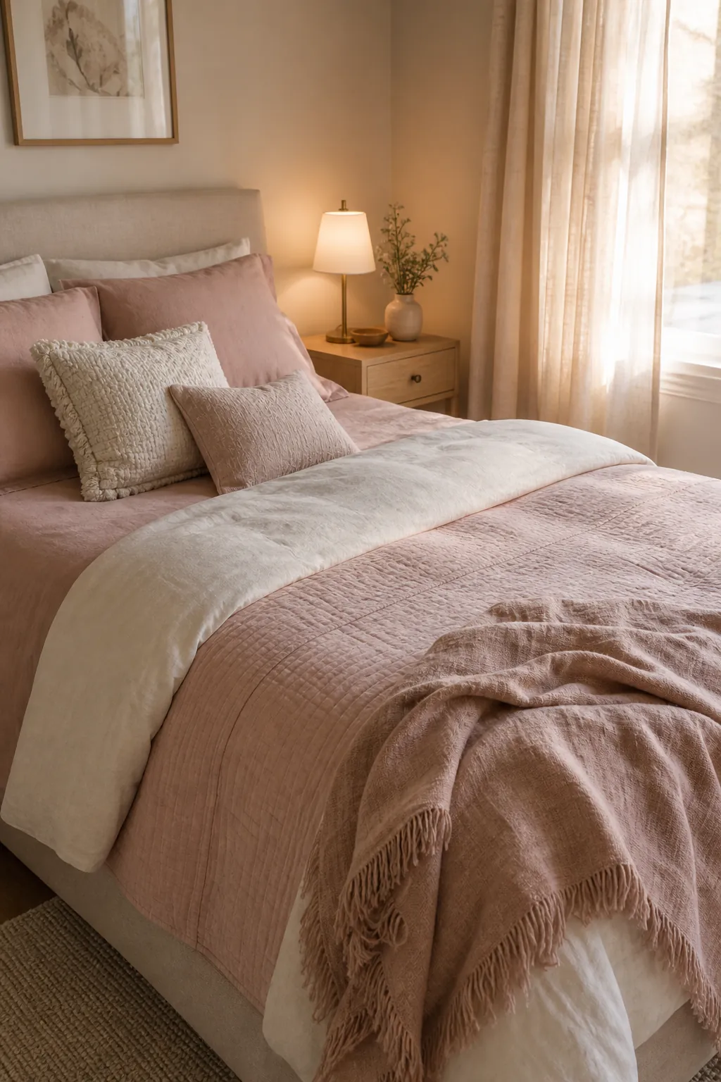 Soft romantic bedroom with pink bedding layered pillows and warm evening lighting