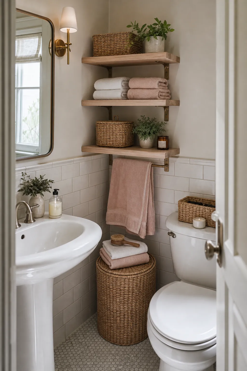 Tiny bathroom with an awkward corner turned into tidy vertical storage