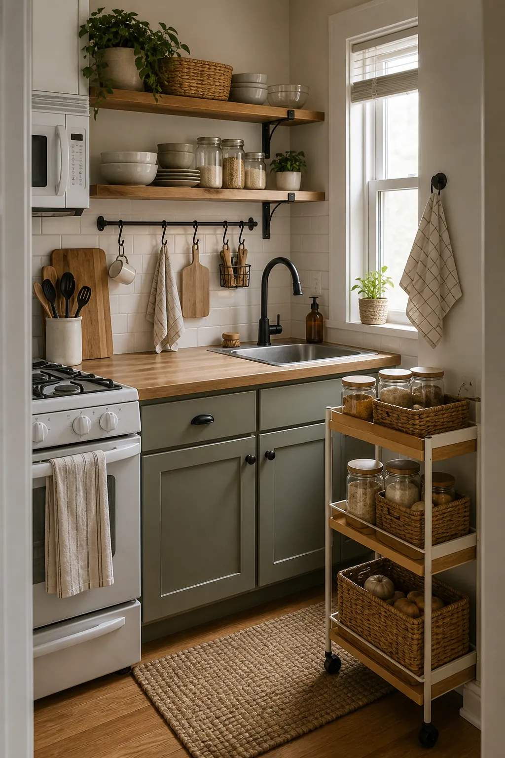 Small kitchen with limited cabinets organized with shelves, baskets, and pantry alternatives