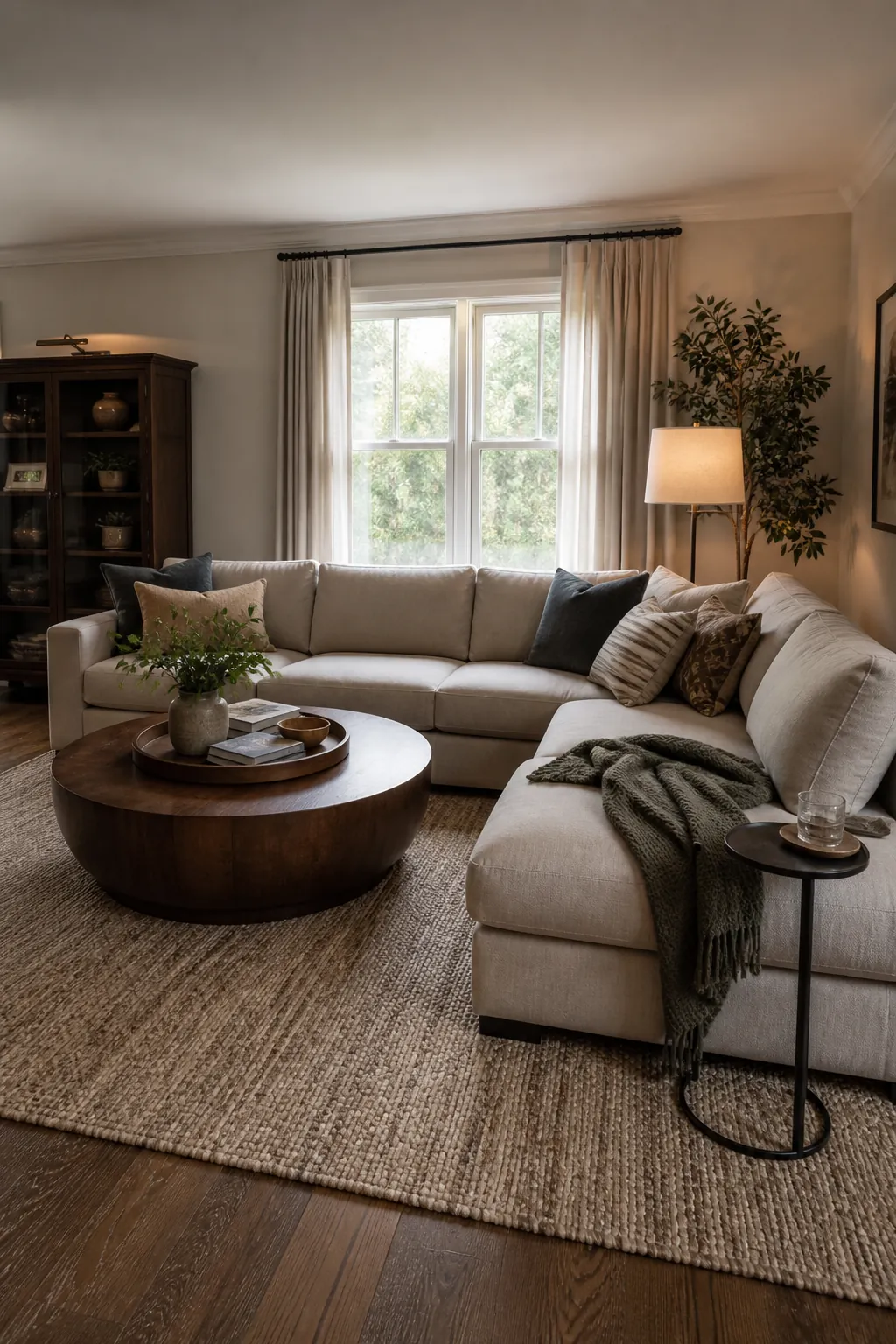 Decorated living room area around a large sectional sofa