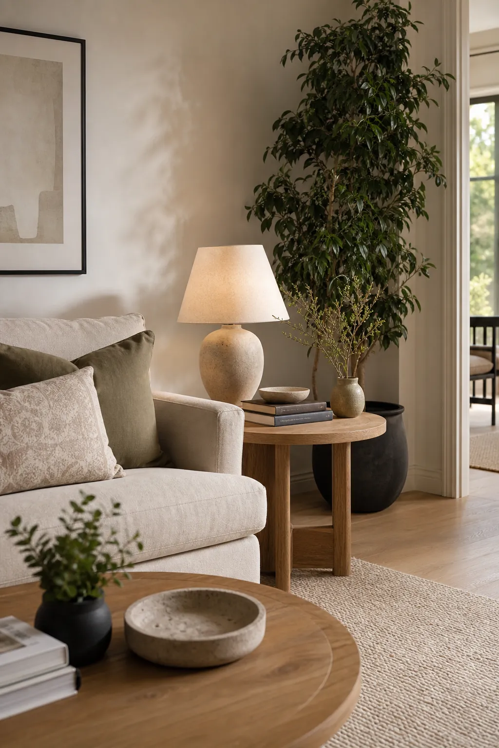 Beautiful neutral living room styling beside the sofa with side table decor, plant, lamp, and cozy textures