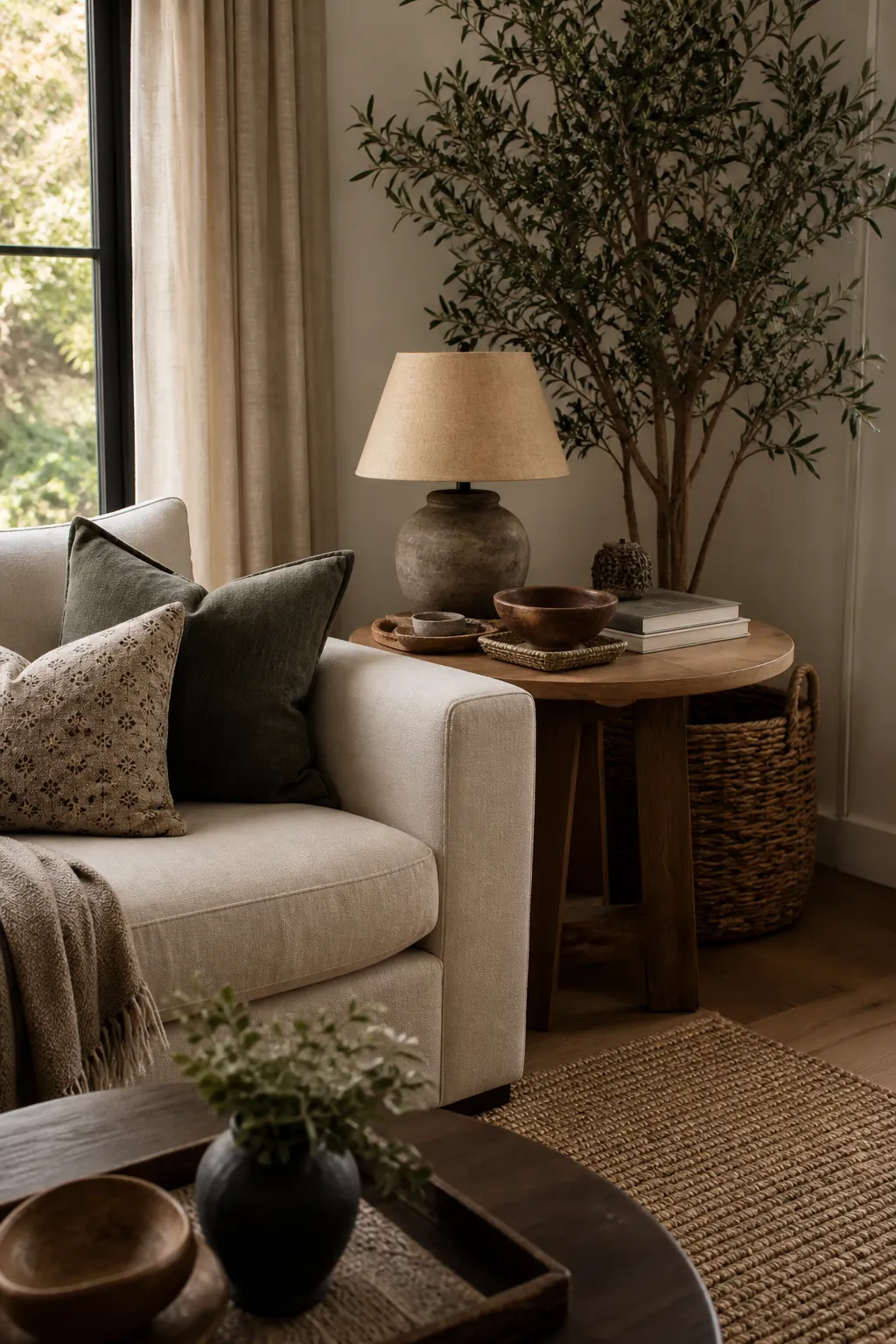 Neutral living room sofa corner styled with a side table, tall plant, lamp, and layered decor