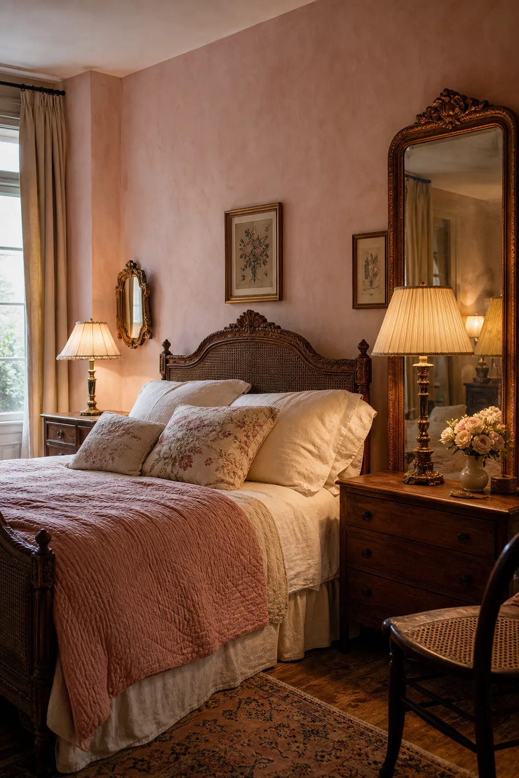 Elegant pink bedroom with vintage lamps and mirror decor