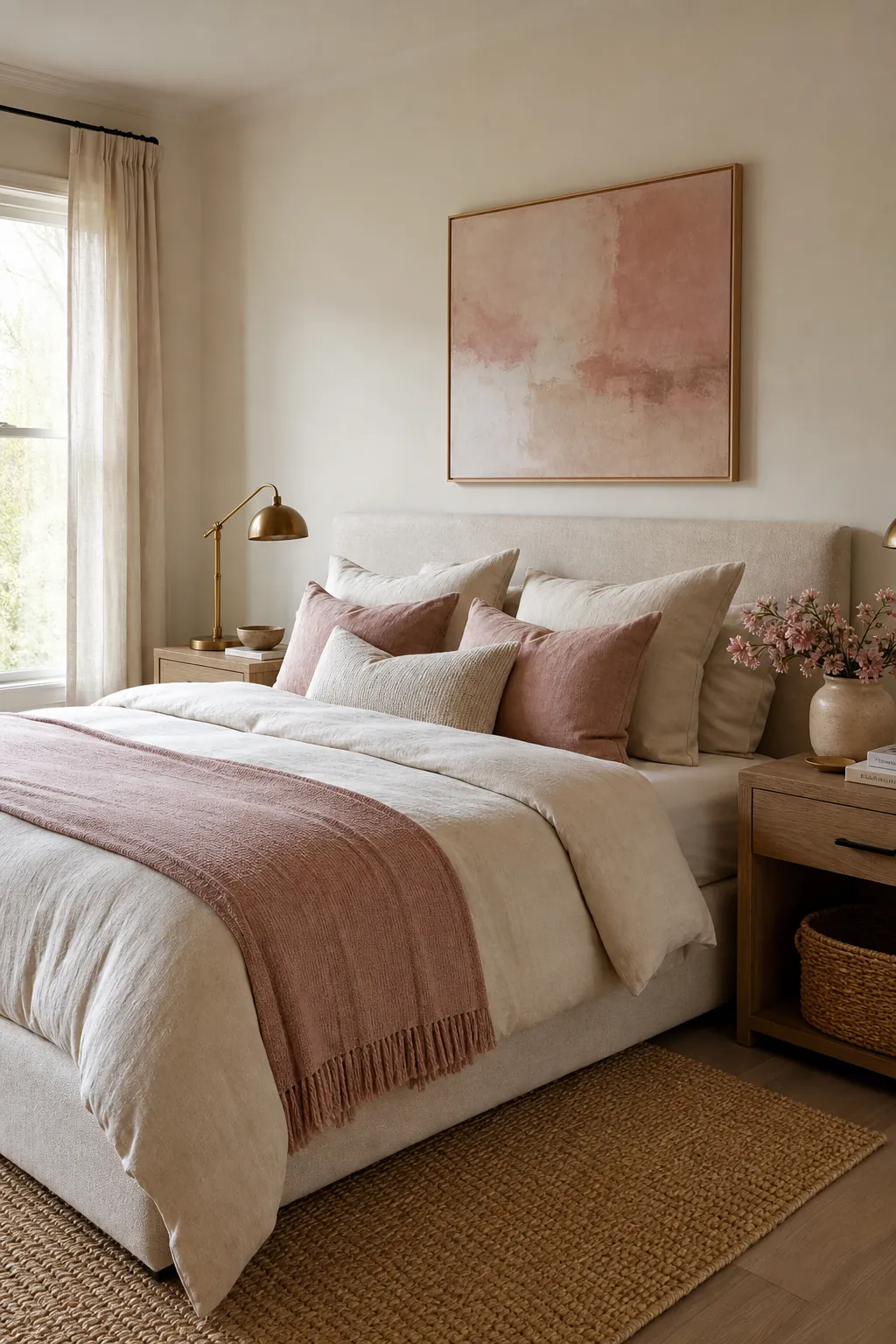 Neutral bedroom with blush pink decor accents styled on bedding art and bedside table