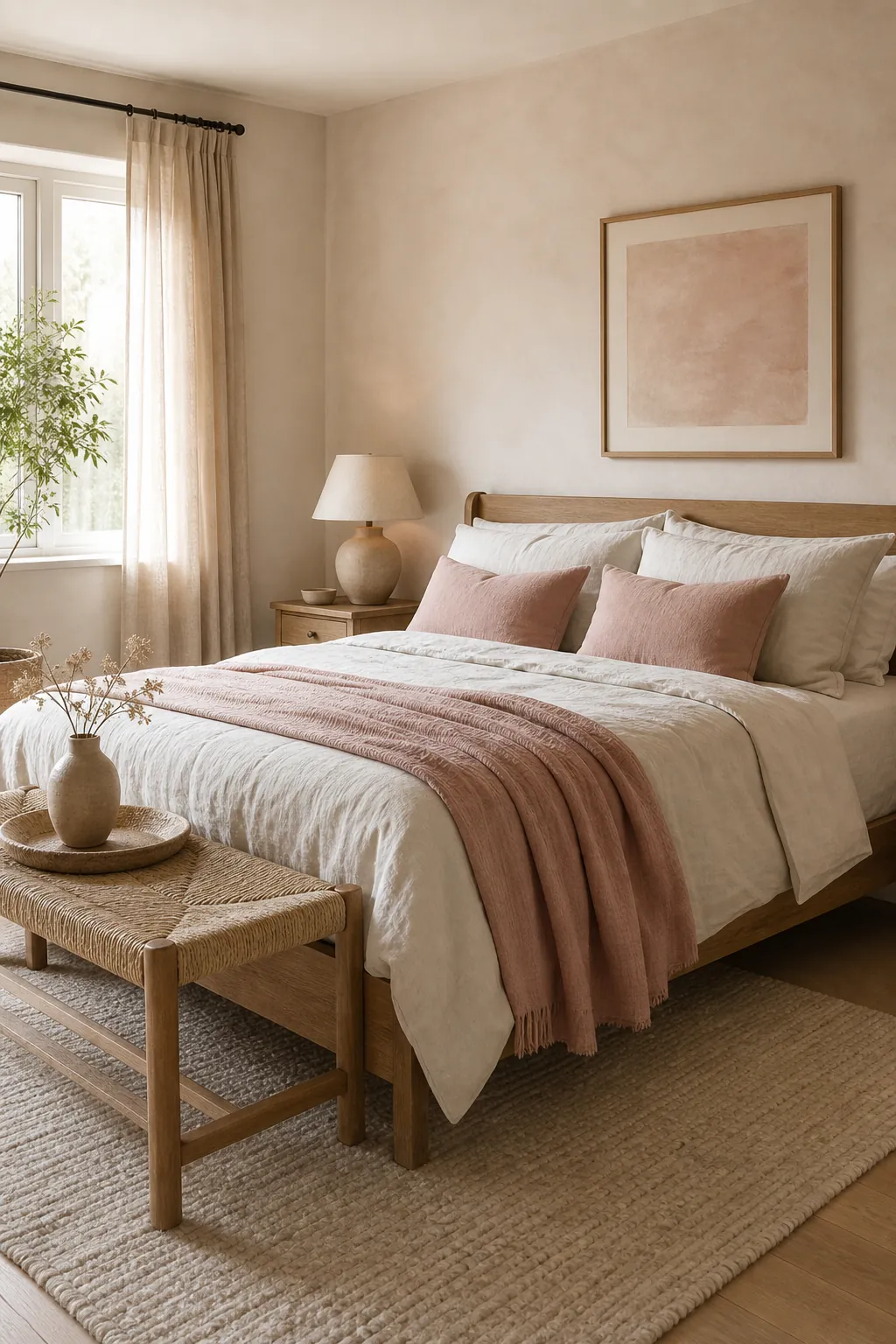 Soft pink bedroom styled with blush decor, neutral accents, and calm textures