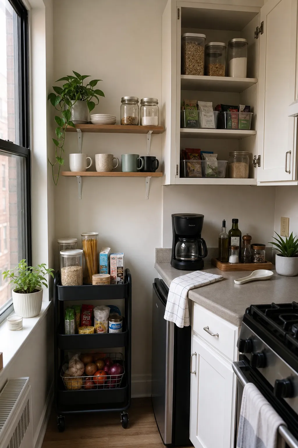 Small kitchen ideas for renters with no pantry using shelves bins and a rolling cart
