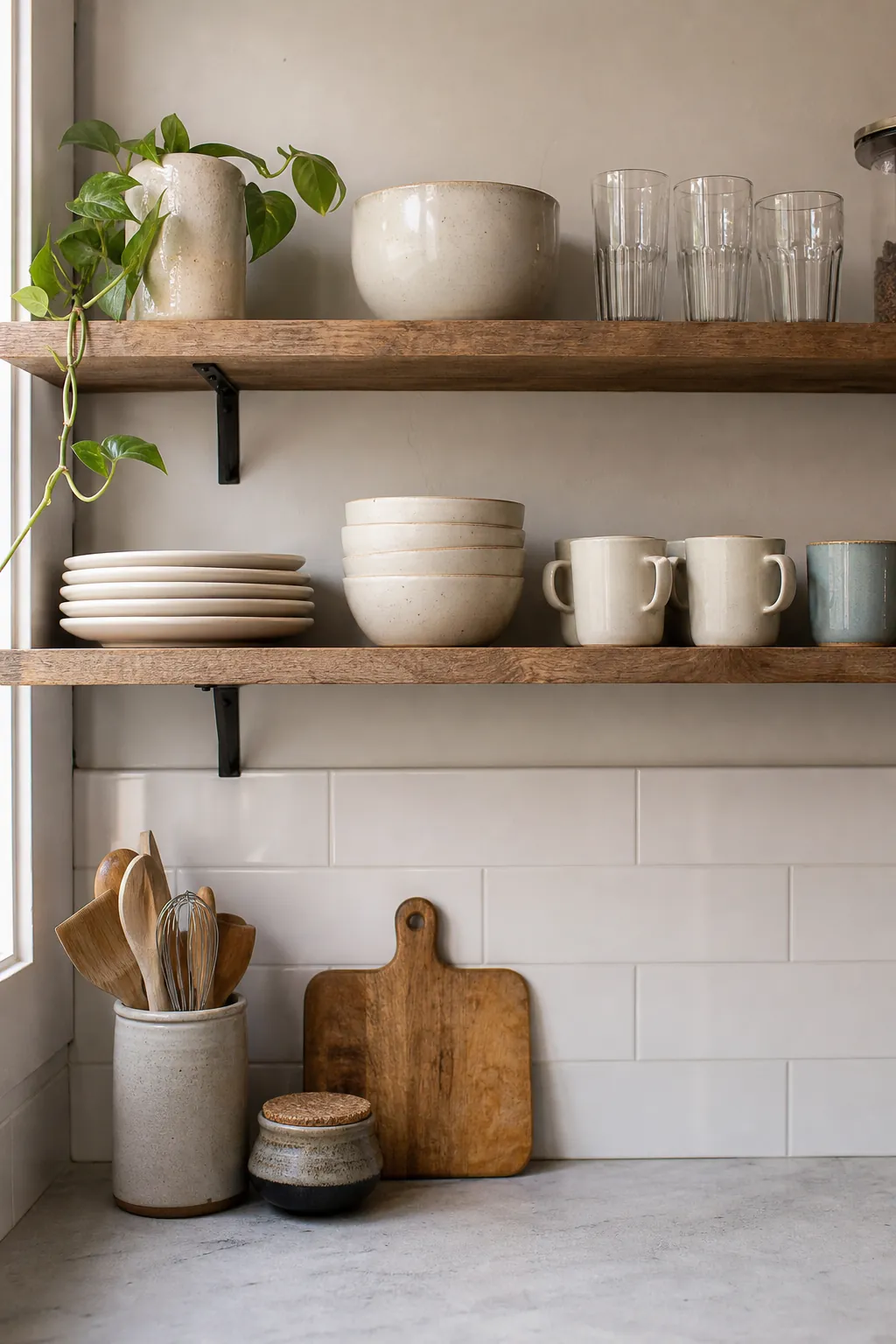 Tidy open shelving with edited everyday dishes in a compact kitchen