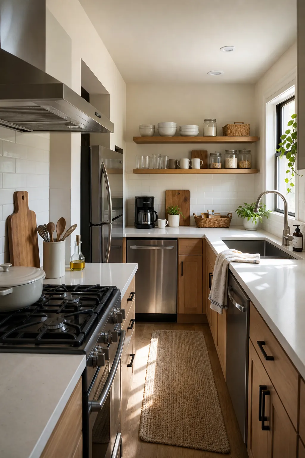 Compact kitchen with open shelves placed away from the stove for easier cleaning