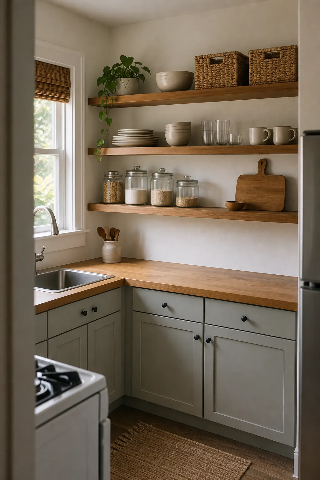 Small kitchen with tidy open shelves, everyday dishes, baskets, and warm natural light