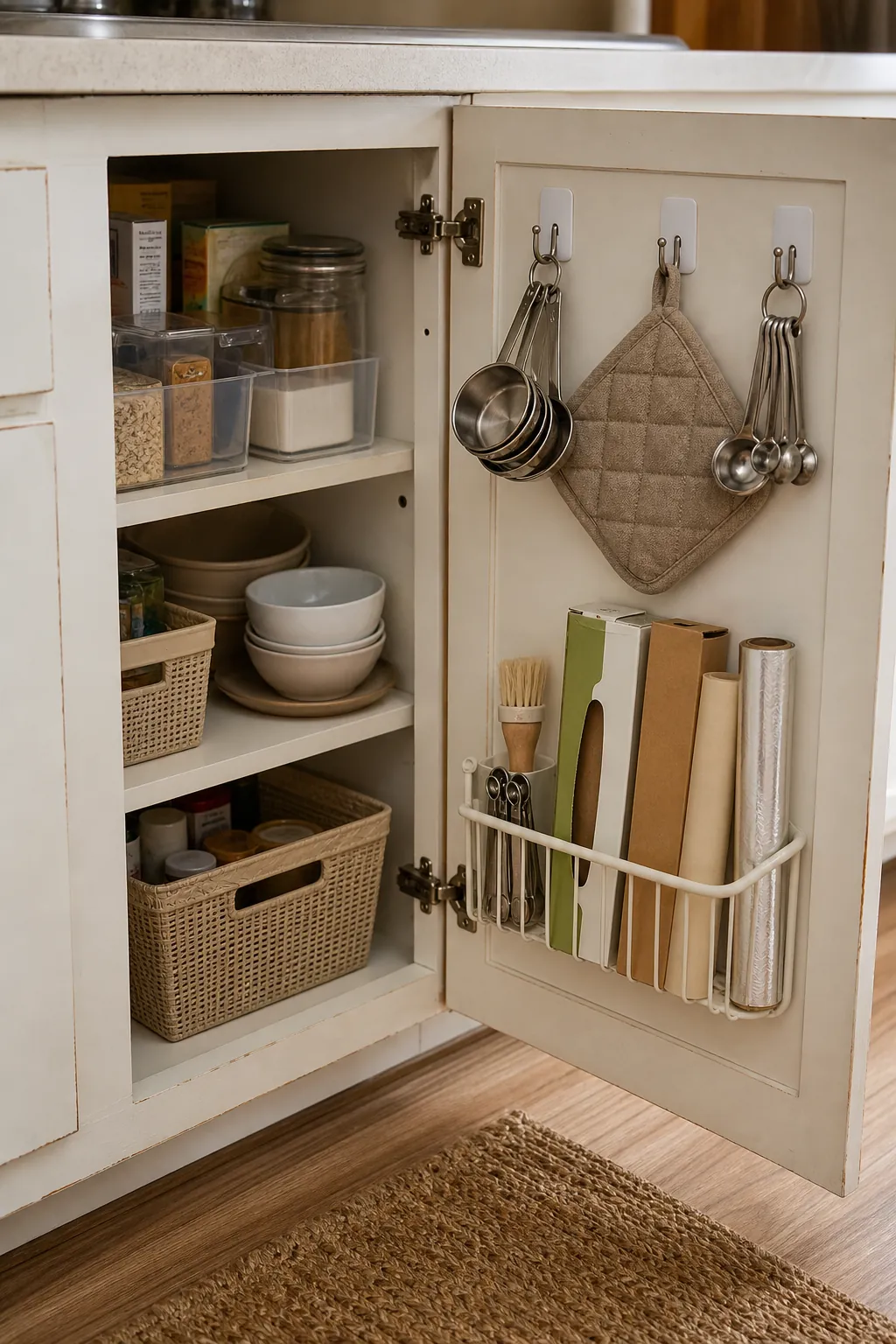 Cabinet door hooks and slim baskets organizing measuring cups and kitchen tools