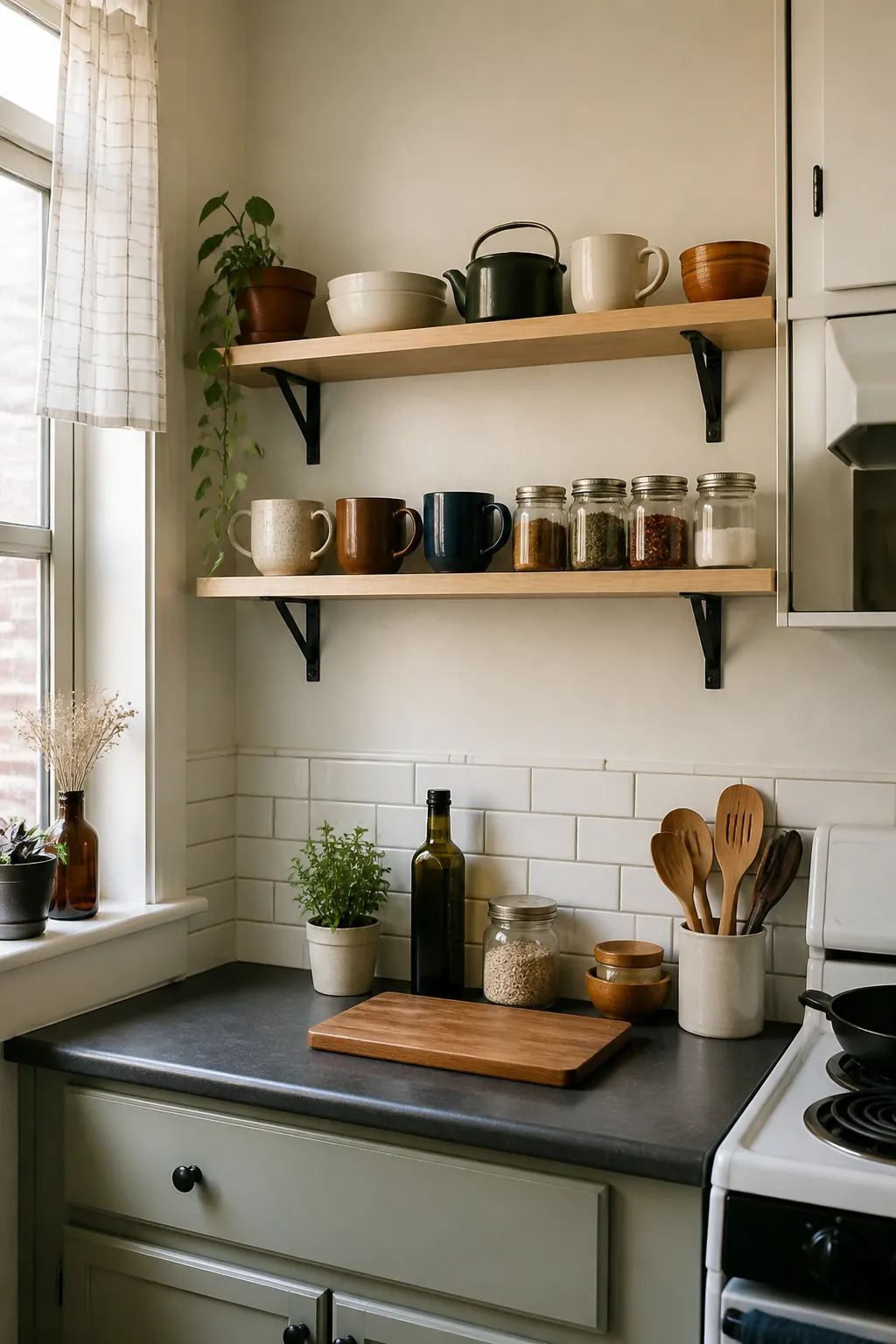 Narrow wall shelves adding small kitchen storage for mugs spices and bowls