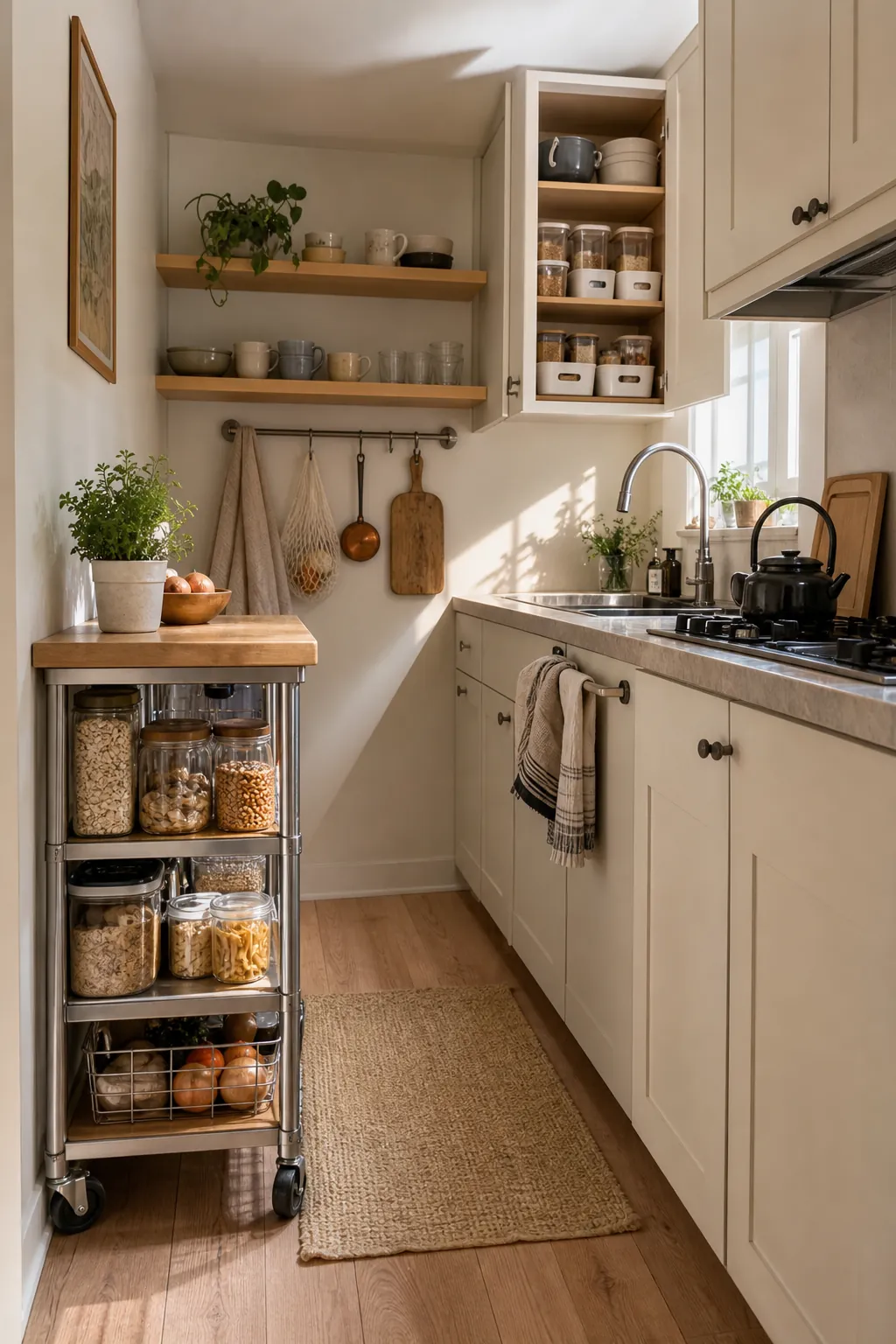 No remodel small kitchen storage with shelves hooks cabinets and a rolling cart