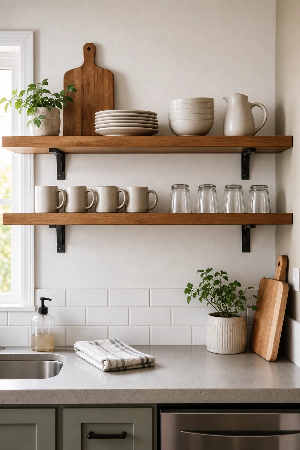 Small kitchen open shelves with tidy stacks of everyday dishes and mugs