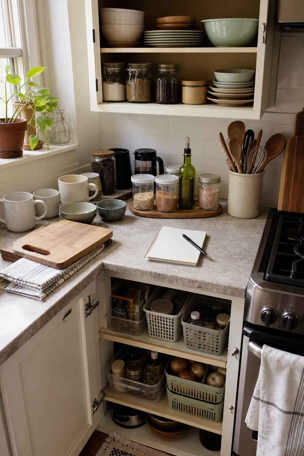 Small kitchen storage audit with grouped everyday items on a compact counter