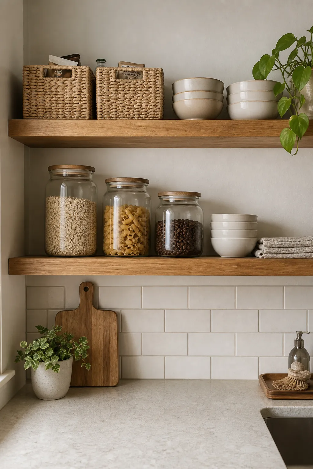 Small kitchen wall shelves organized with woven baskets and clear canisters