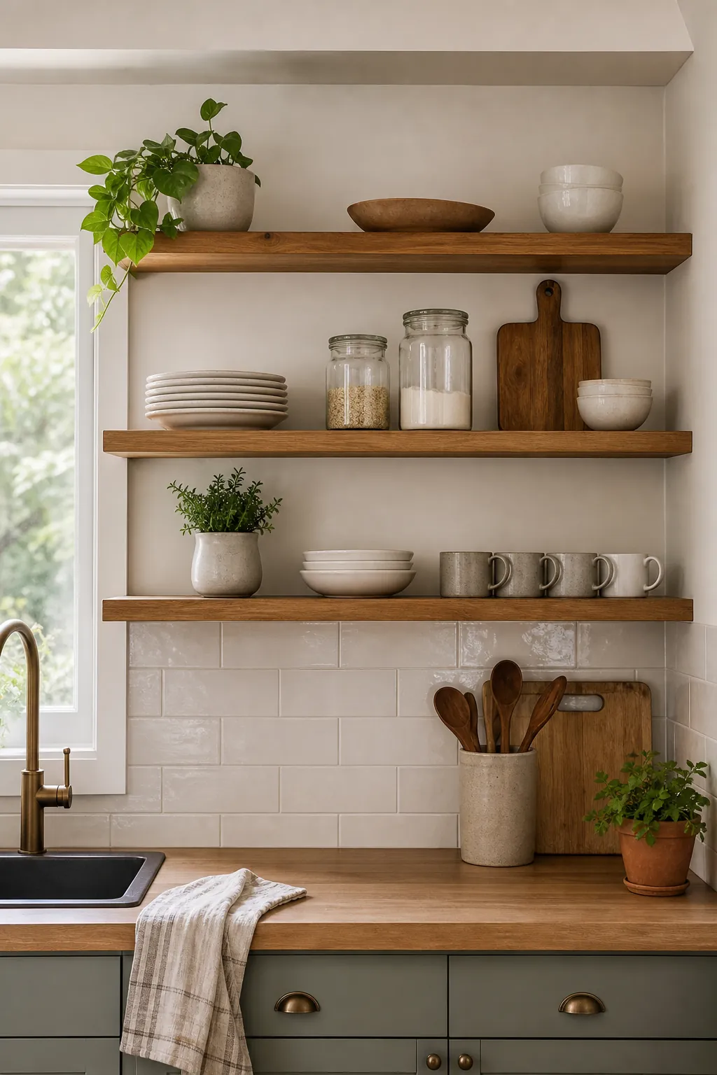 Open kitchen shelf styling with stacks, canisters, cutting boards, and breathing room