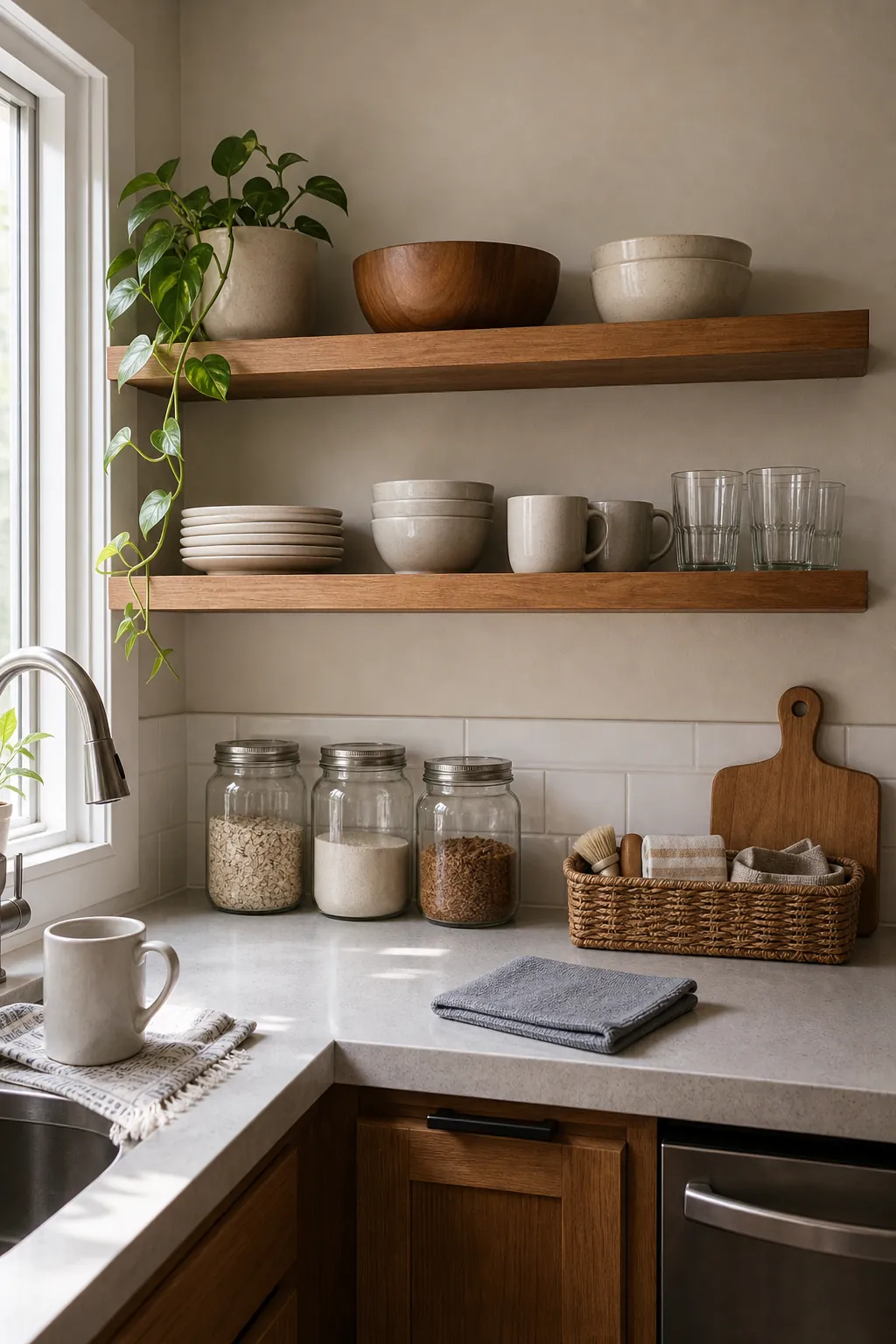 Tidy small kitchen shelf reset with a cloth, mugs, bowls, and organized jars