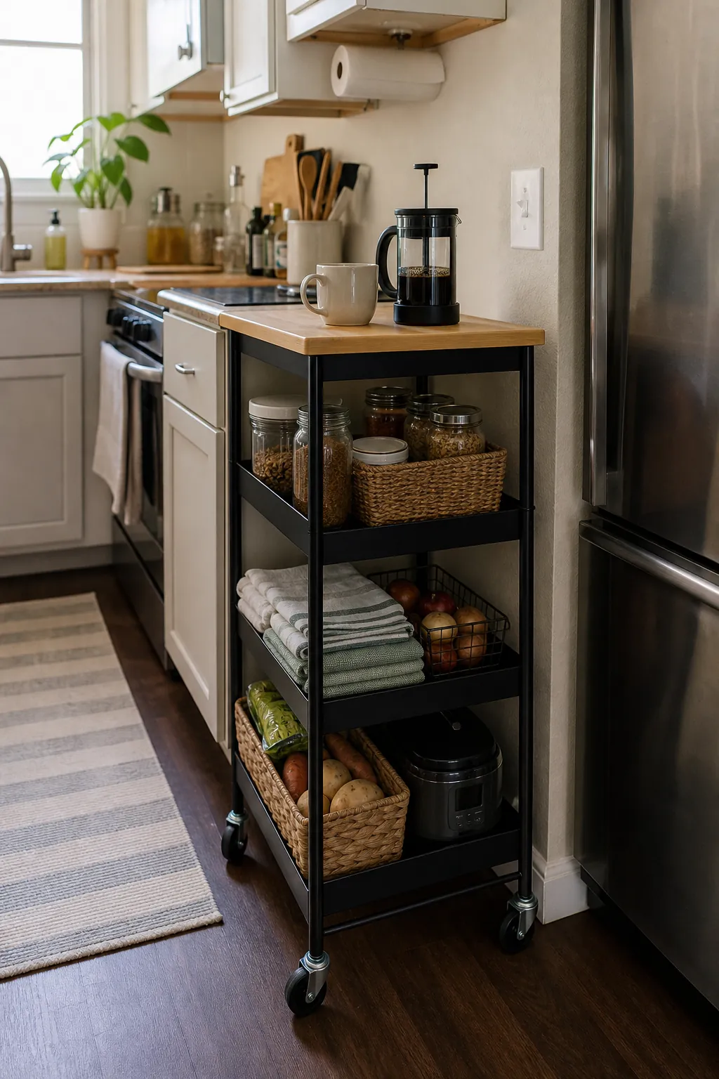 Slim rolling cart adding prep space and pantry storage in a compact kitchen