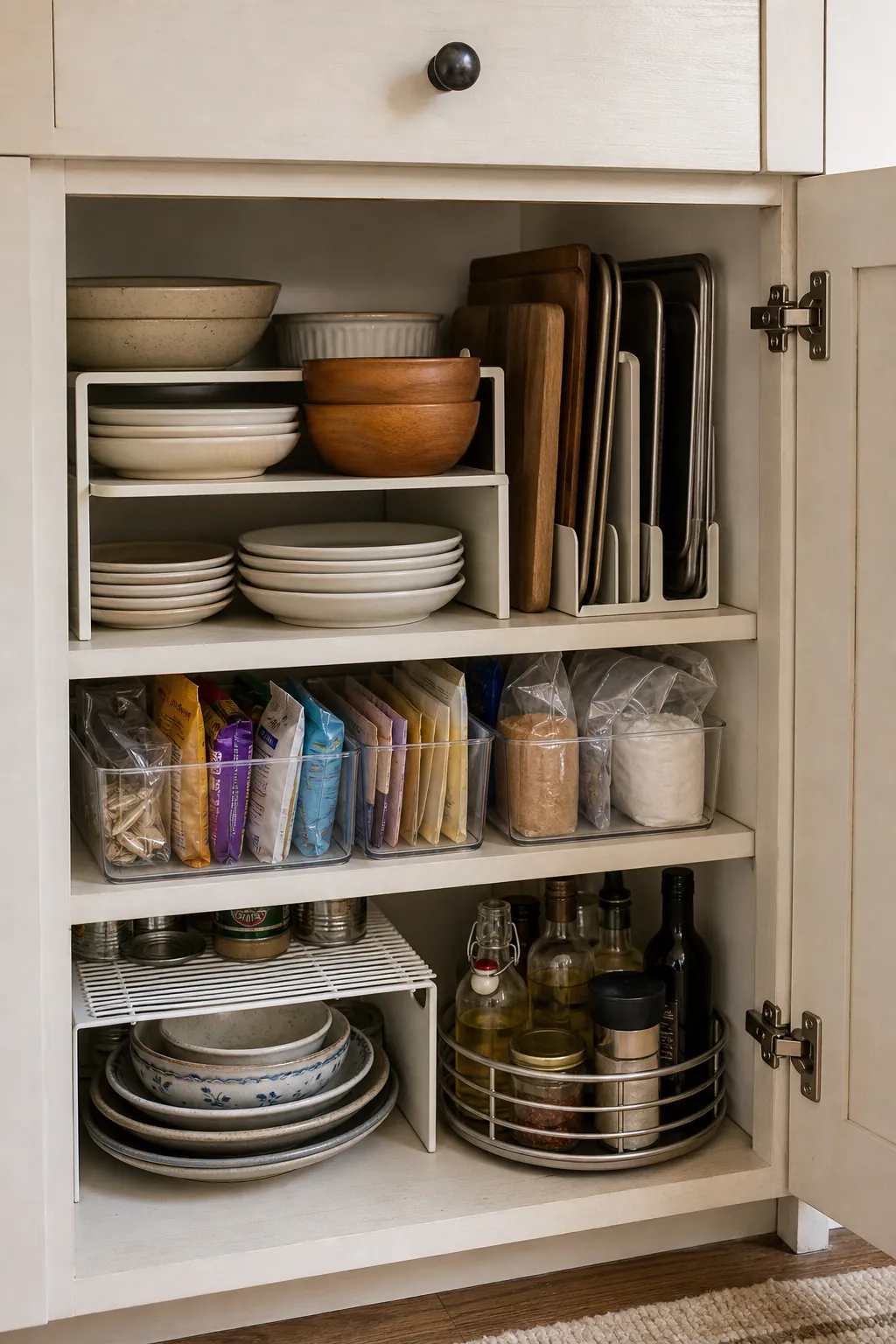 Cabinet risers bins and pull out organizers creating compact kitchen storage