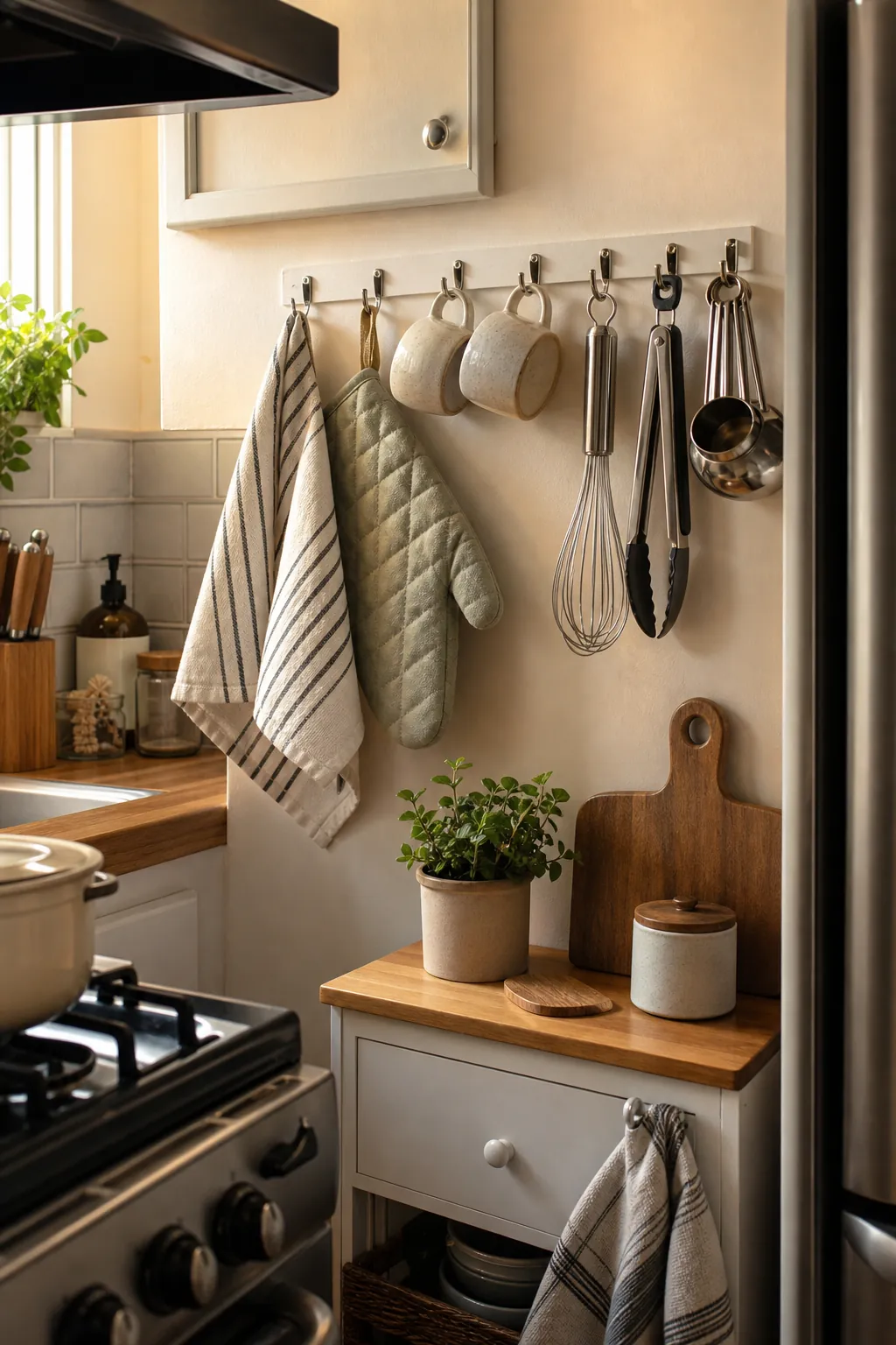 Renter friendly kitchen hooks holding mugs utensils and towels in a small kitchen