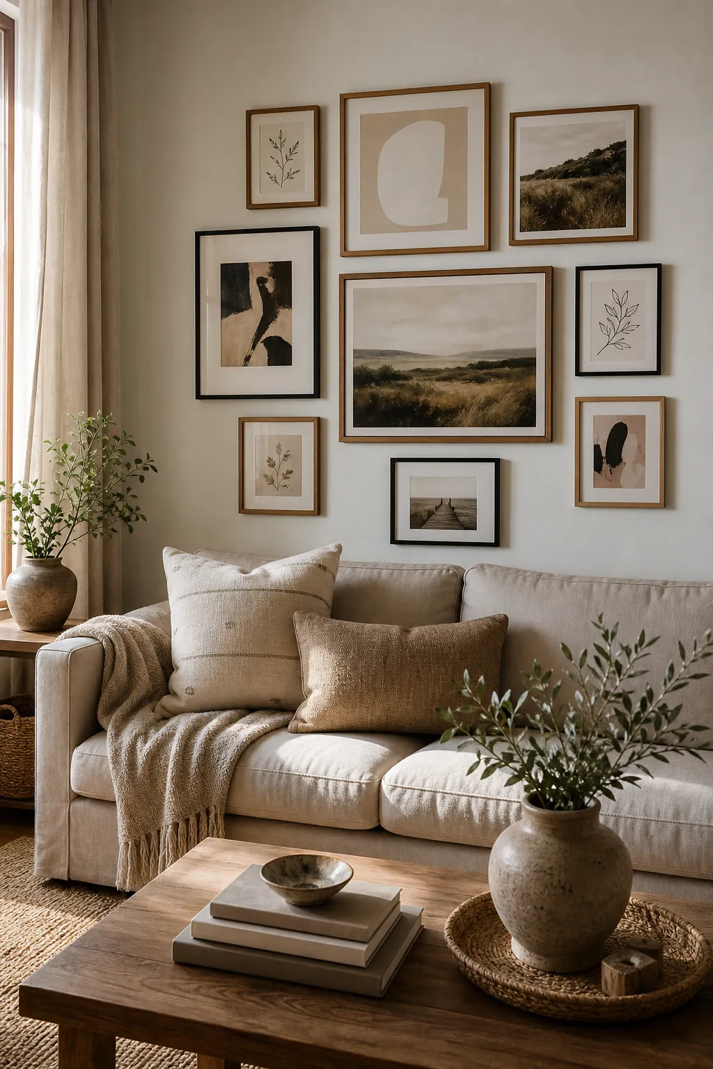cohesive gallery wall over a sofa with neutral frames and living room decor