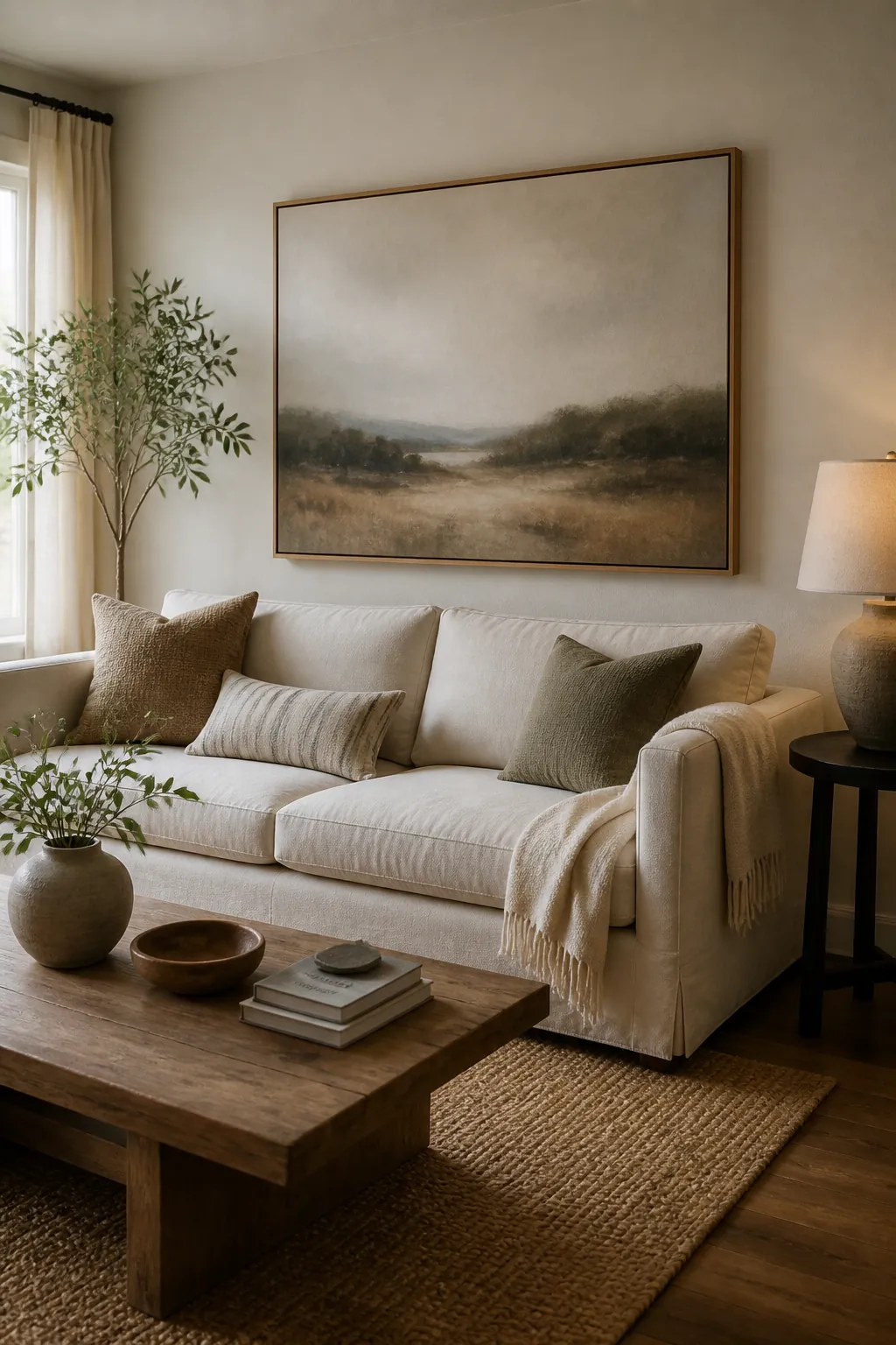 large framed artwork above a neutral sofa creating a finished living room wall