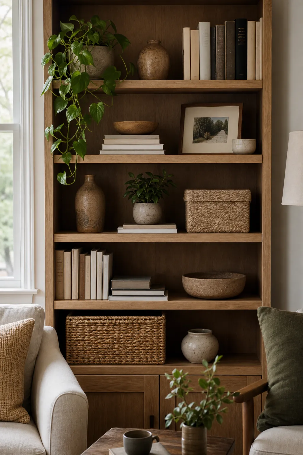 Living room shelf styling with books, woven baskets, potted plants, and curated personal decor