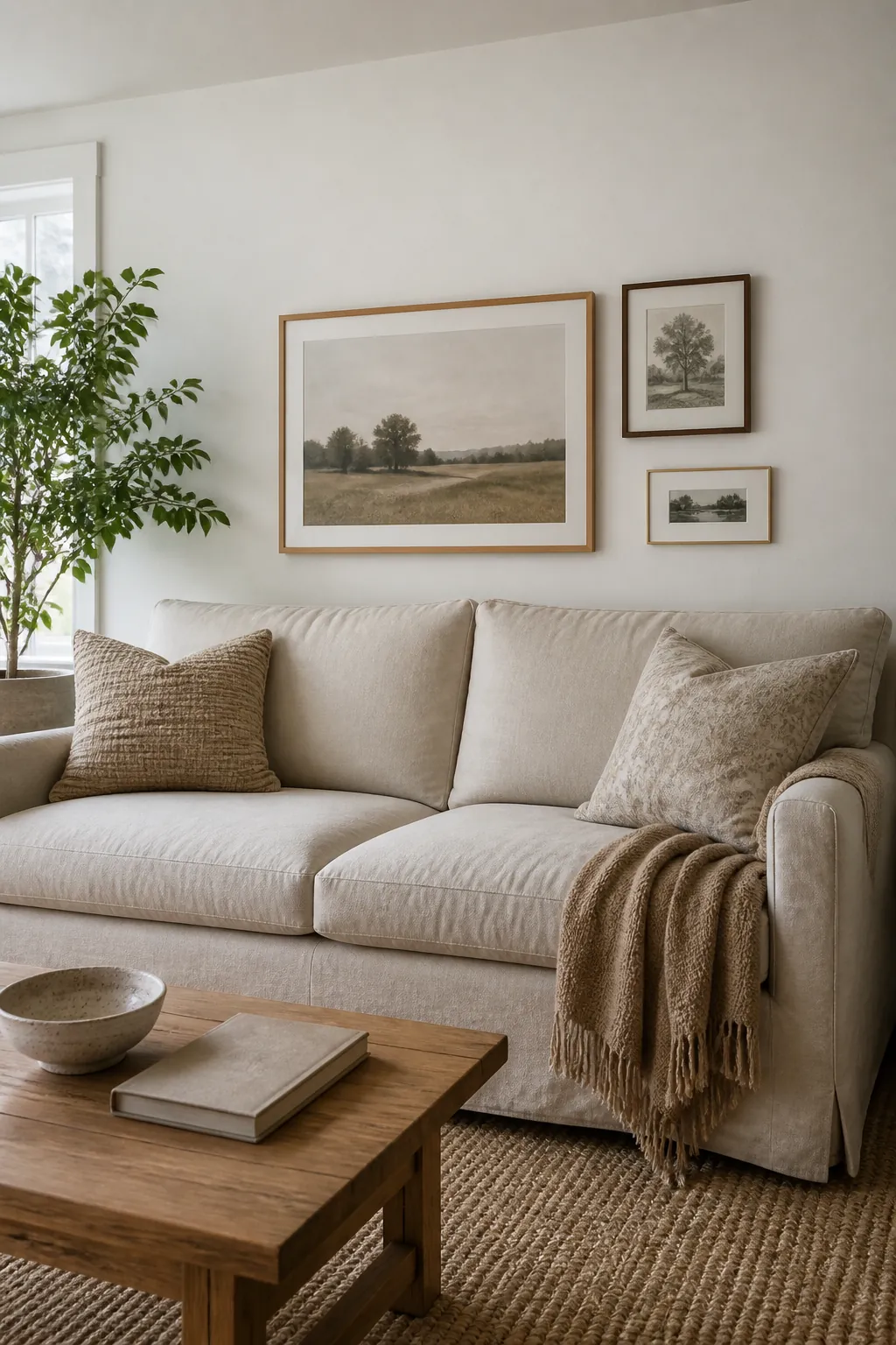neutral living room showing the anchor zone above a sofa for balanced wall decor