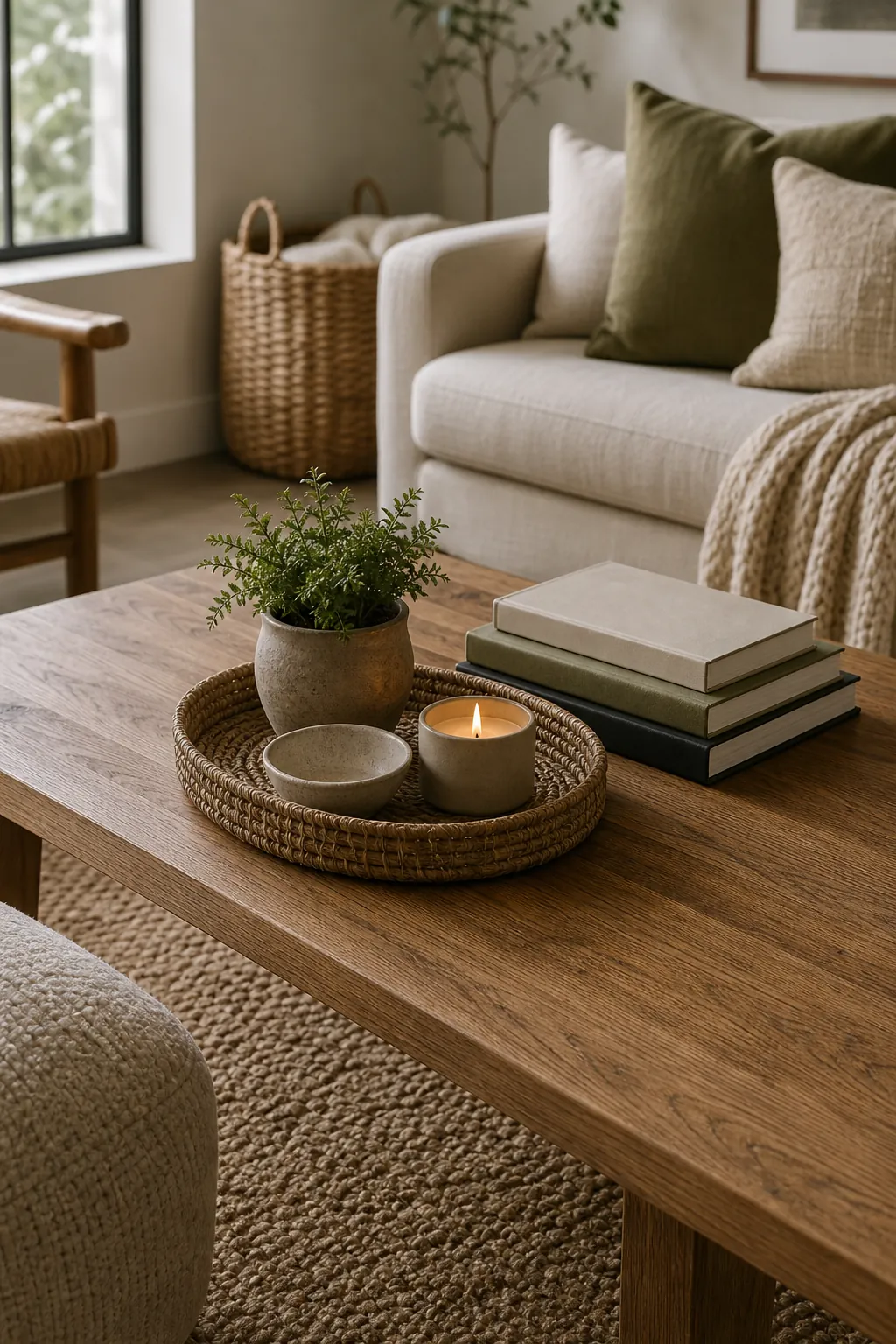 Coffee table decor with stacked books, a woven tray, a ceramic bowl, and a small green plant