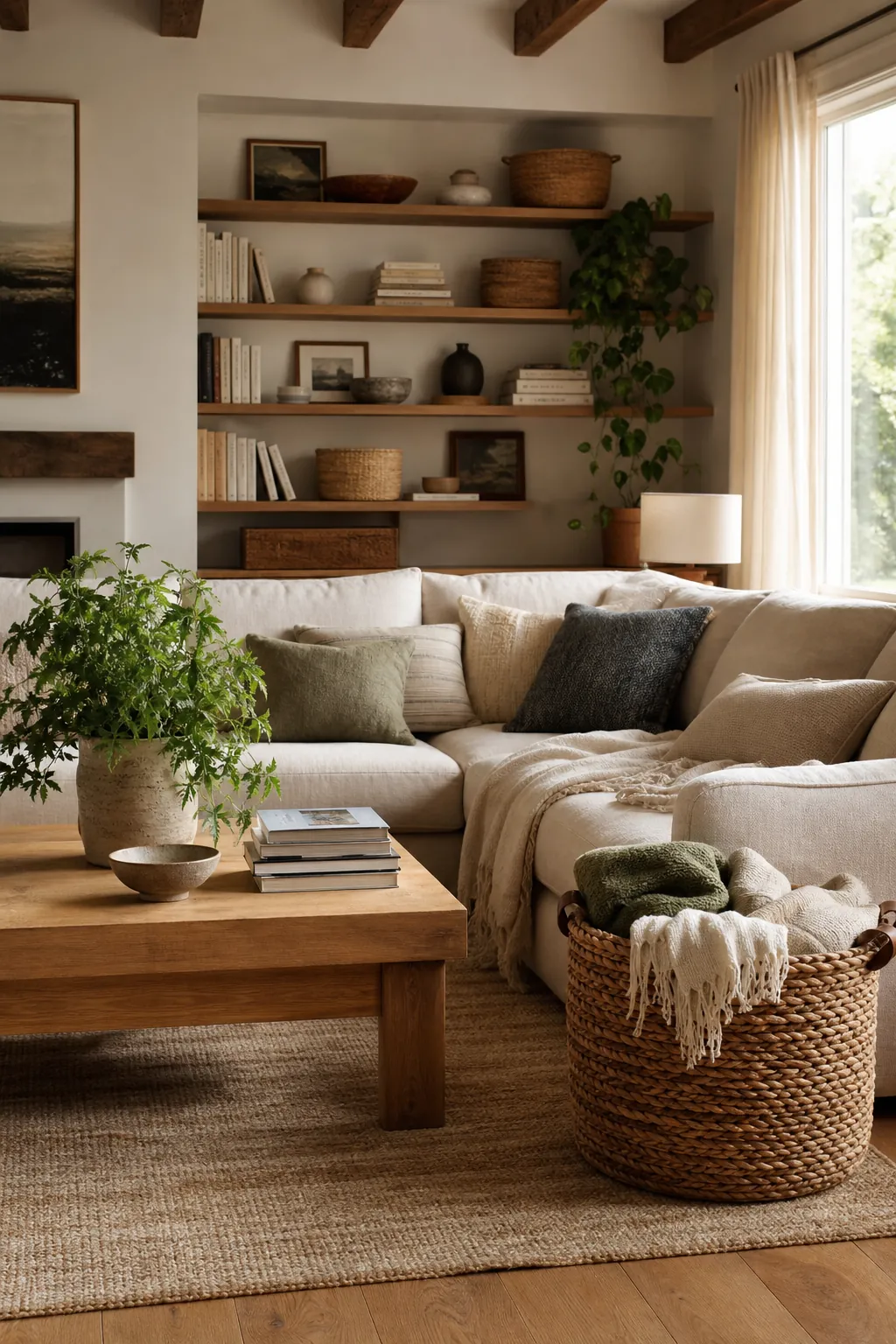 Warm living room styling with woven baskets, books, and lush green plants