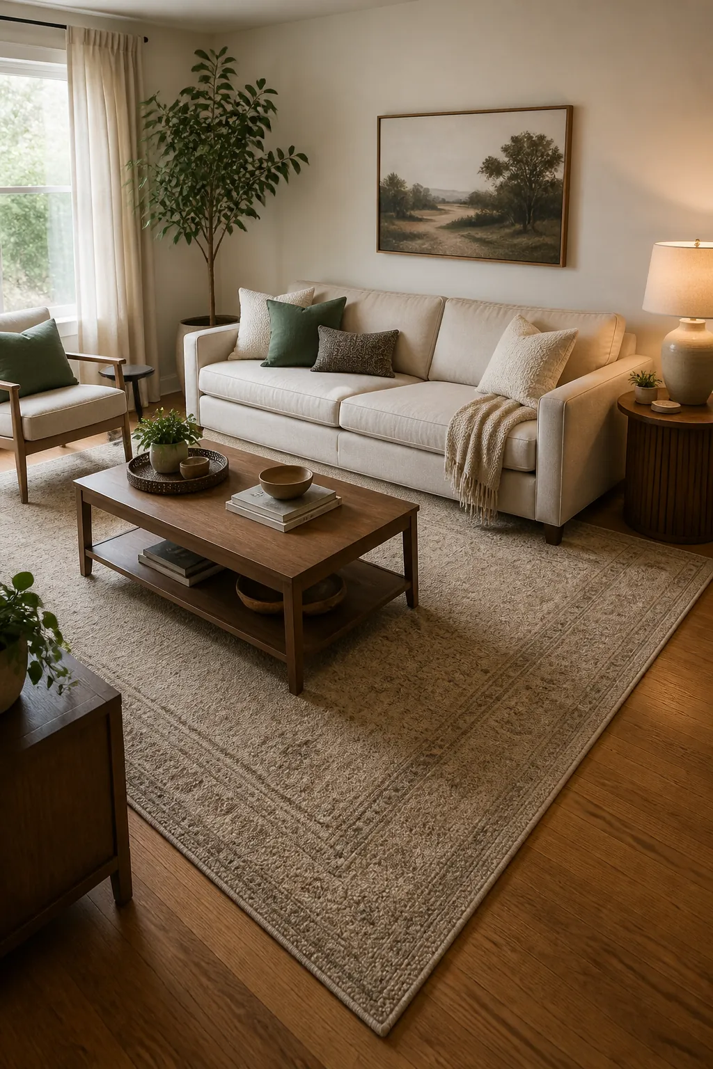 Plain sofa anchored by a correctly sized rug with front legs on the rug in a cozy living room