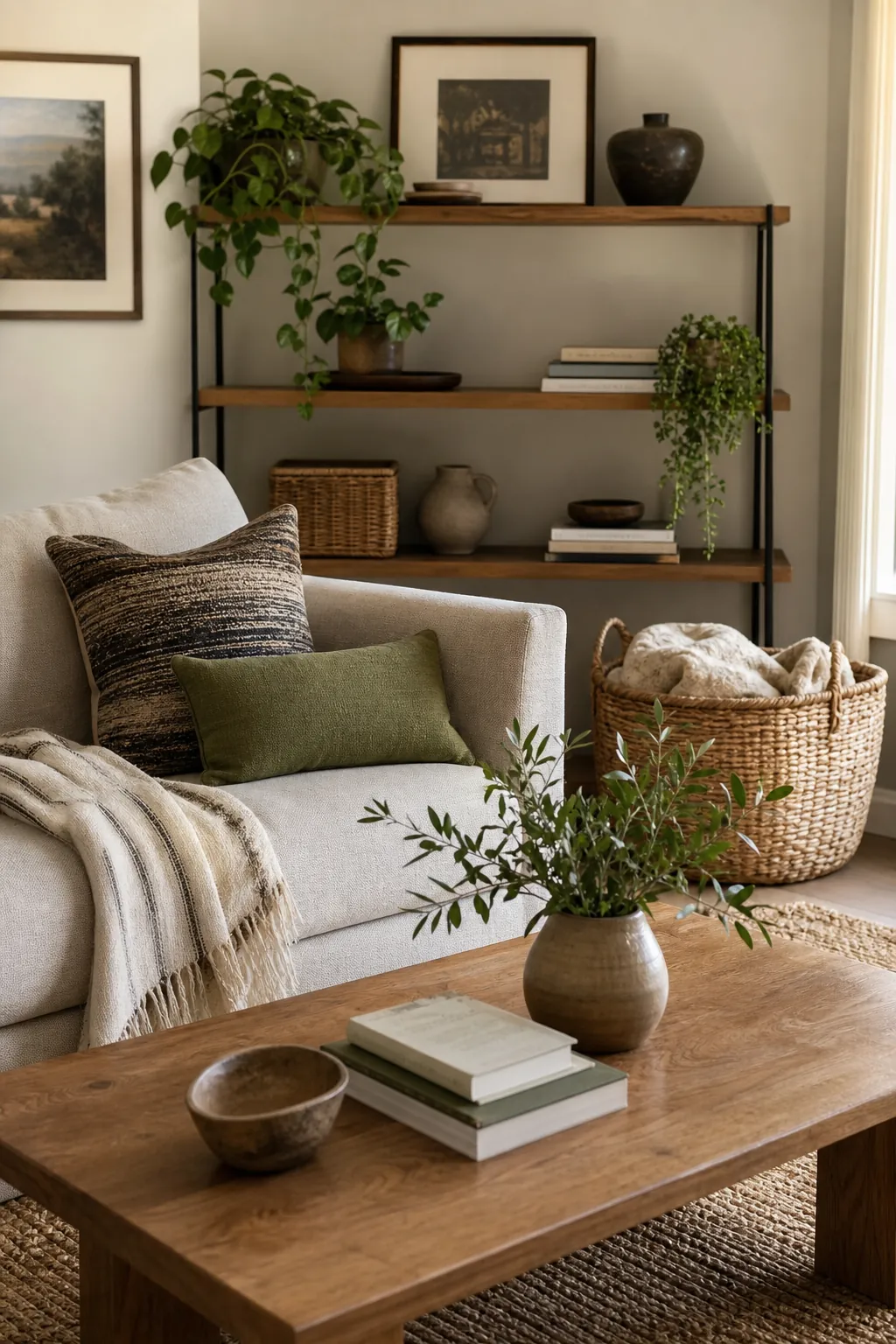 Edited living room decor with personal books, baskets, plants, framed art, and open shelf space