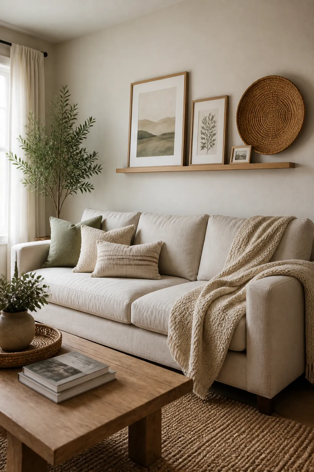 textured wall decor behind sofa using woven accents wood frames and neutral styling