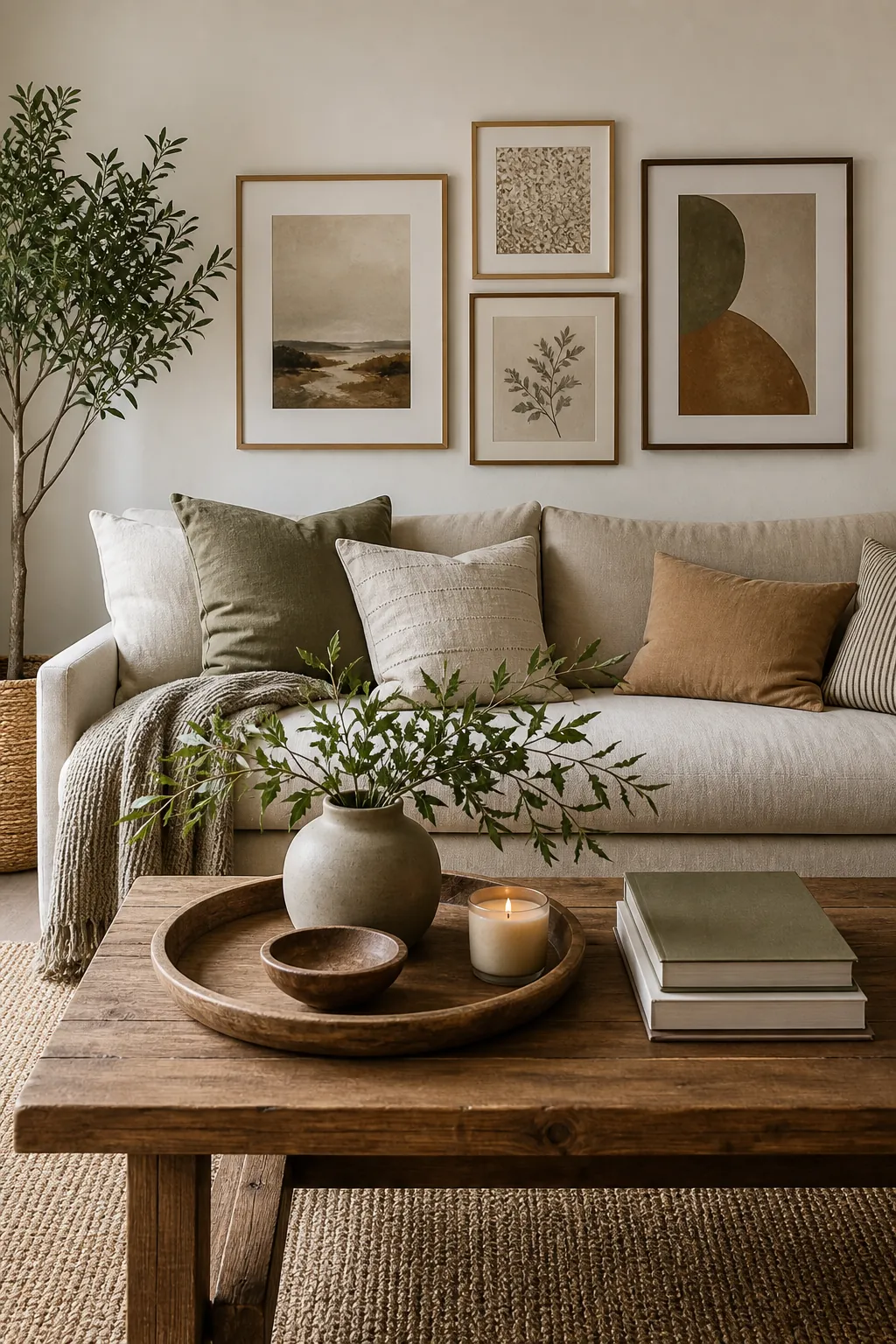 coffee table decor and sofa styling connected to the wall decor behind the sofa