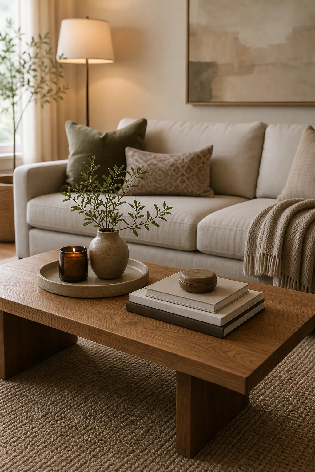 Coffee table decor with tray books plant and candle styled in front of a plain sofa