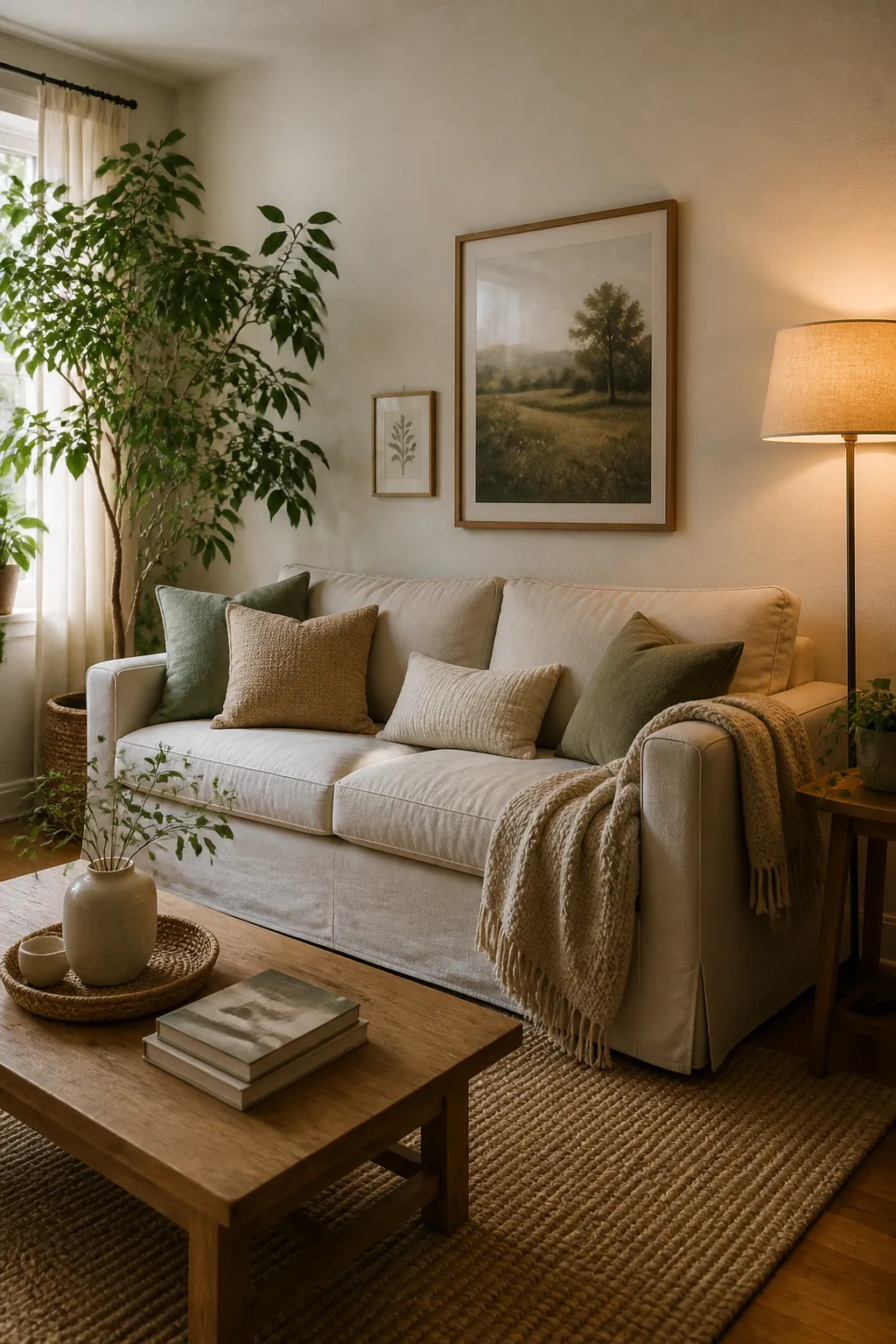 cozy living room with plant decor and a floor lamp softening the wall behind sofa