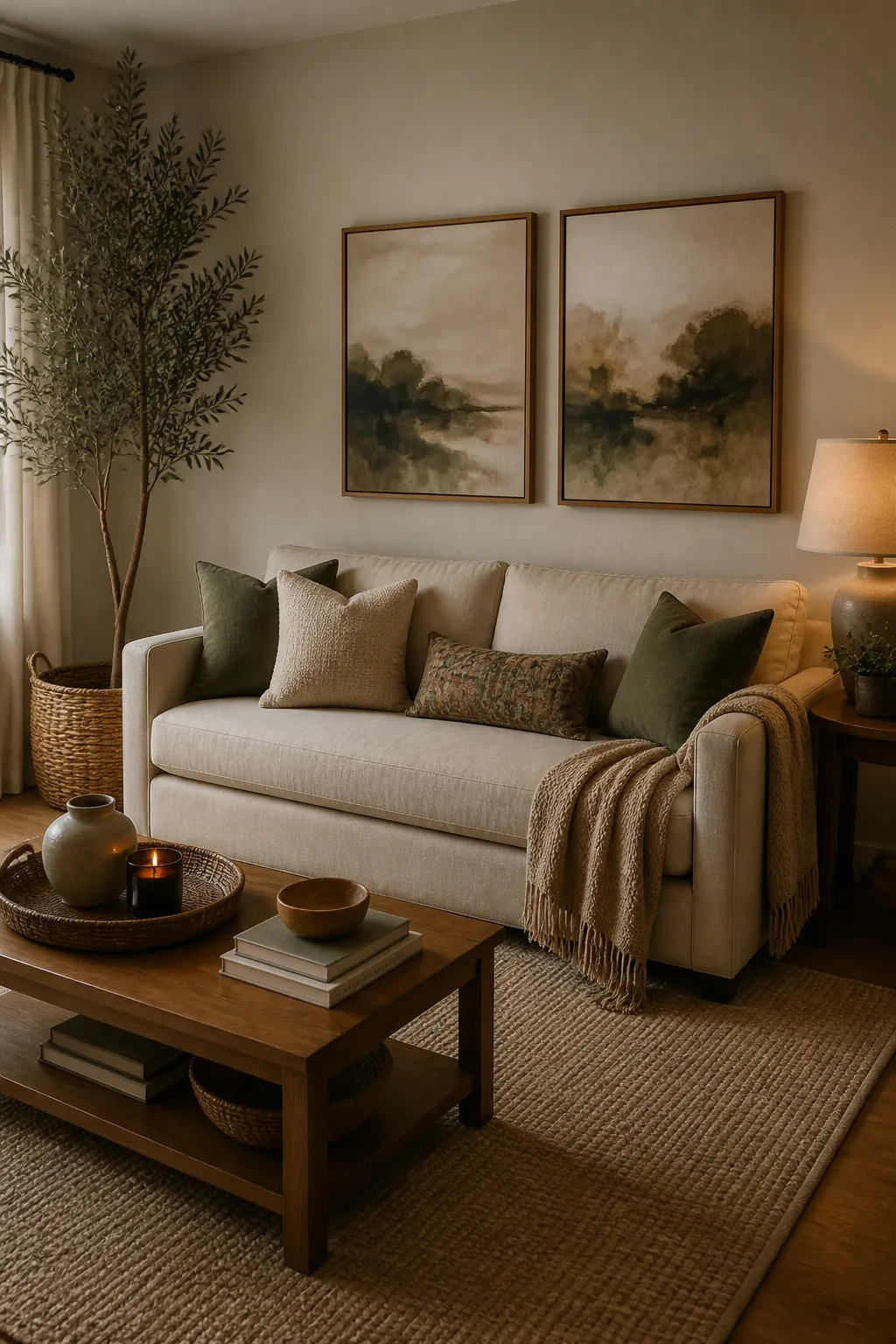 Plain sofa wall finished with large art tall plant warm floor lamp and cozy living room styling
