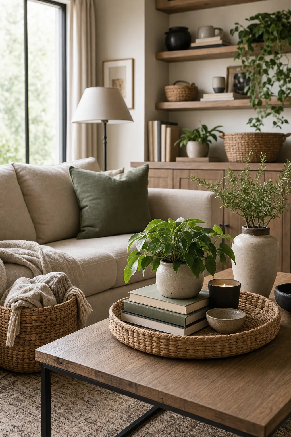 Coordinated home styling with repeated woven texture, green accents, books, and plant decor