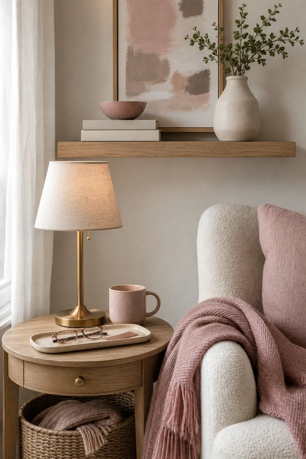 Blush pink accent decor on a small side table and floating shelf in a cozy corner
