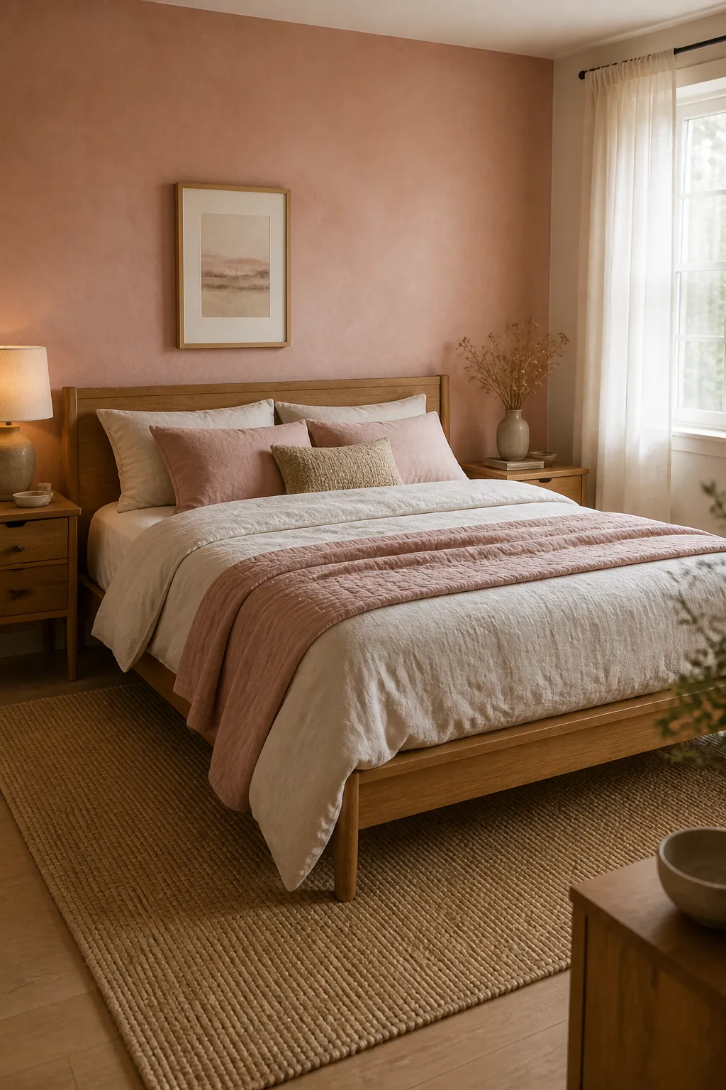 Blush pink bedroom with a natural wood bed frame and warm neutral bedding